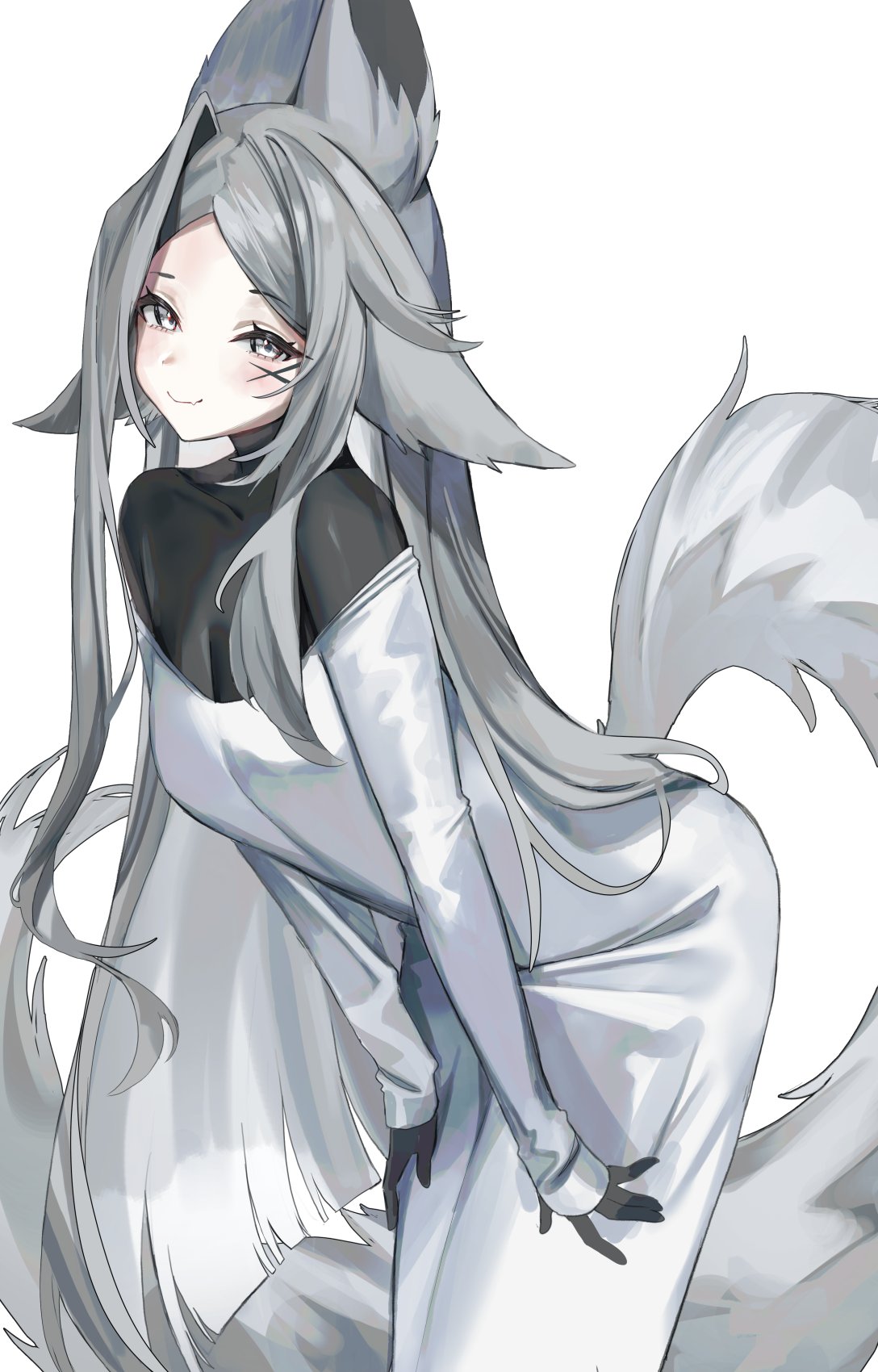 animal_ears bangs black_gloves blush breasts closed_mouth cowboy_shot dress dya_rikku_(vtuber) elbow_gloves female fox_tail gloves grey_dress grey_eyes grey_hair leaning_forward long_hair long_sleeves looking_at_viewer looking_back medium_breasts pale_skin parted_bangs silver_eyes silver_hair smile solo standing striped striped_background tail vertical_stripes very_long_hair vyugen white_background white_dress wolf_ears wolf_tail