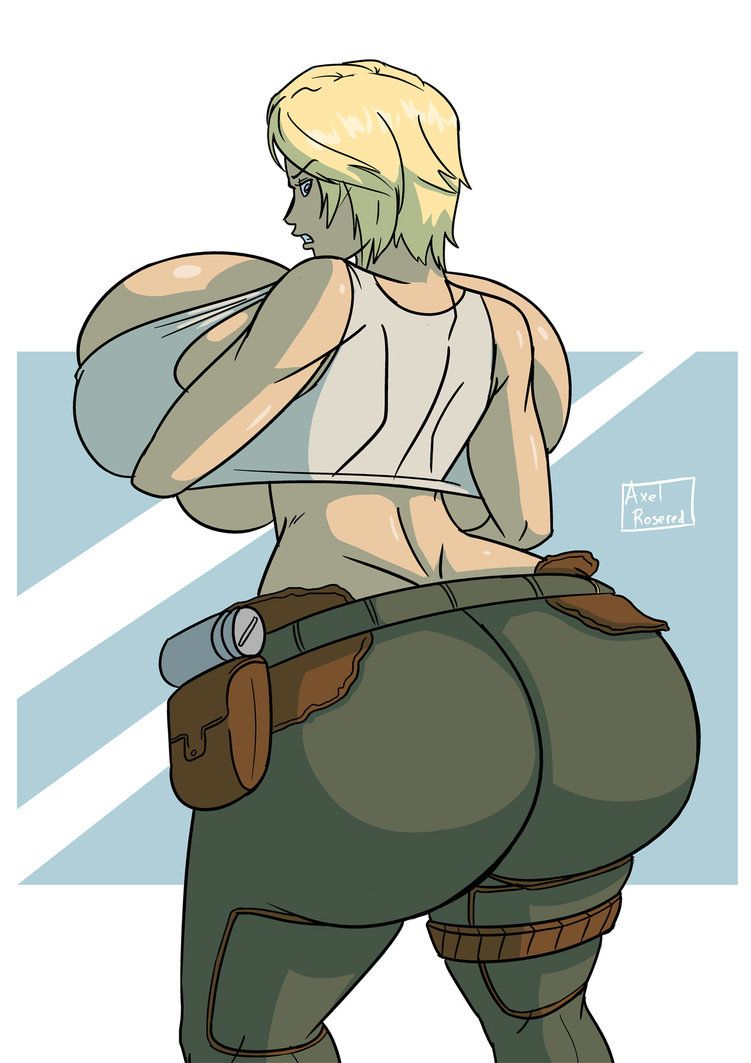 anya_stroud axel-rosered belt blonde_hair butt frown gears_of_war huge_breasts huge_butt looking_back pants tank_top