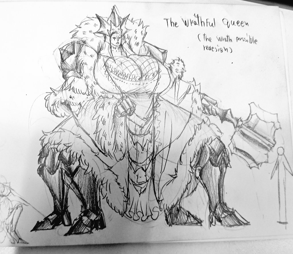 armor cleavage clothed concept_art drawing gigantic_breasts greaves larger_female mace multi_leg multi_limb size_difference the_wrath_(zeblackballd) the_wrathful_queen_(zeblackballd) weapon ze_blackball.d zeblackballd_(artist)