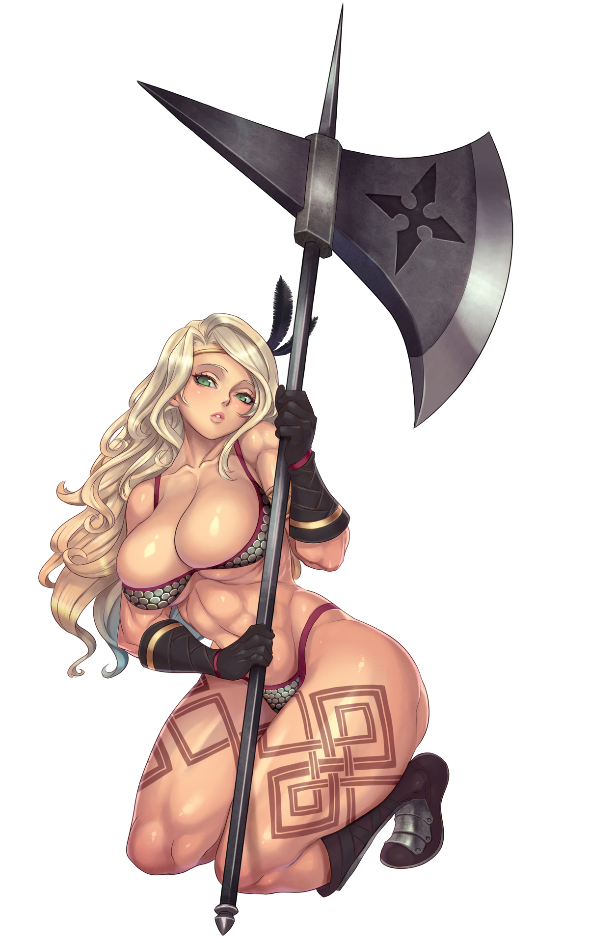 abs, amazon (dragon's crown), axe, bikini, blonde hair, boots, breasts, circlet, cleavage, dragon's crown, feathers, female, gloves, green eyes, hair, hair ornament, kneeling, large breasts, long hair, midriff, muscles, muscular, muscular female, navel, sethxzoe, simple background, solo, tattoo, thick thighs, weapon