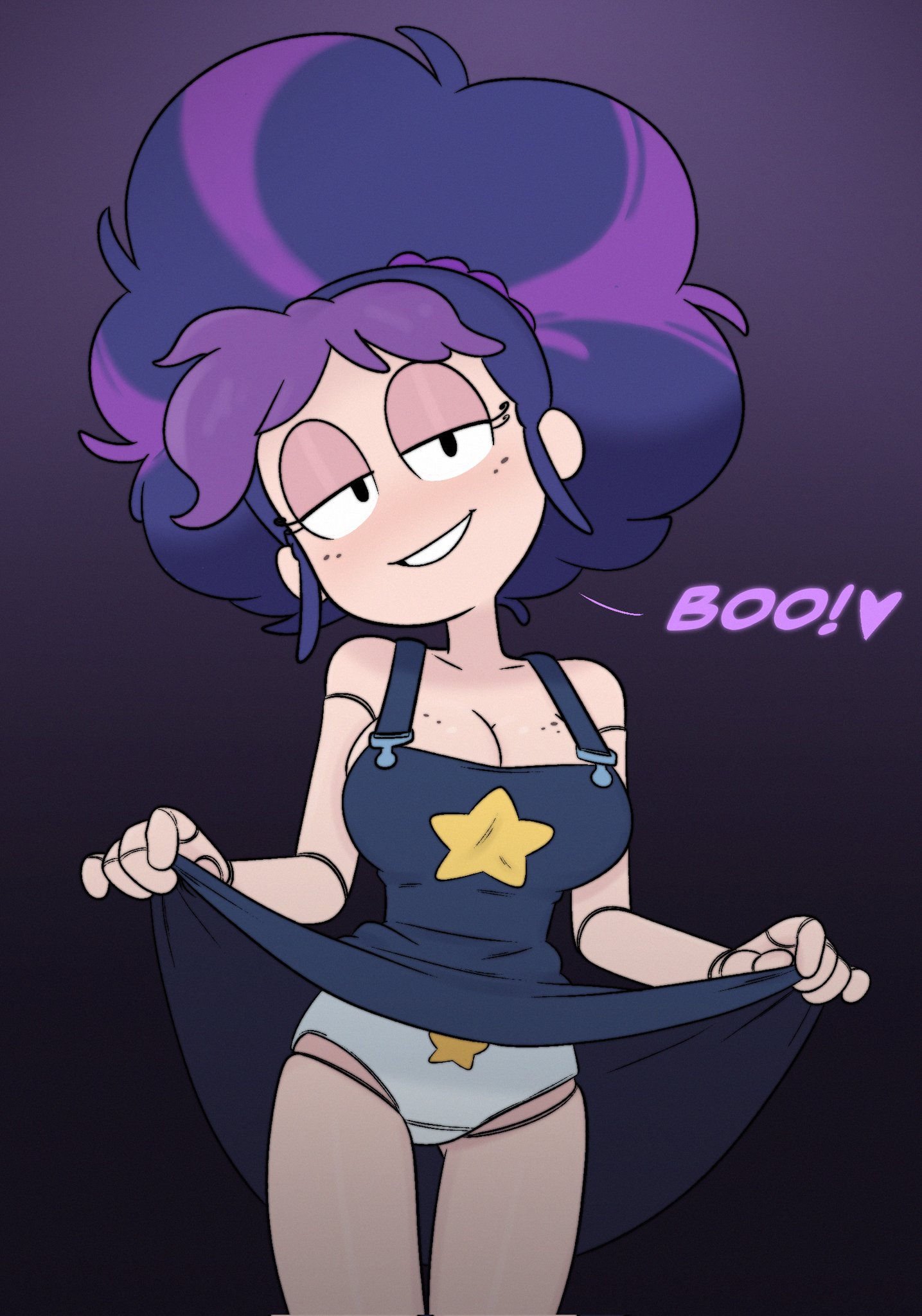 1female, 1girls, 2026, 2026s, 2d, 2d (artwork), 2d artwork, alternate ass size, alternate body type, alternate breast size, animate inanimate, avidagrem2, bare breasts, bare shoulders, big breasts, black eyes, breasts, bun hair, character fusion, curvy, curvy female, curvy figure, day job, digital art, digital drawing, digital drawing (artwork), digital media, digital media (artwork), digital painting, digital painting (artwork), doll, doll girl, doll joints, dress, exhibition, exhibitionism, exhibitionist, eyebrows, eyelashes, female, female focus, flashing, flashing panties, freckles, freckles on breasts, freckles on face, fully clothed, fusion, fusion character, hair, hourglass figure, hourglass figured female, humanoid, humanoid female, inanimate animate, lily (day job), lily lovebraids, living toy, long hair, long purple hair, looking at viewer, mascot horror, mob entertainment, mob games, no shirt, noseless, not furry, overall dress, overall skirt, overalls, panties, partially clothed, ponytail, poppy playtime, poppy playtime (chapter 5), purple hair, skirt, skirt lift, skirt lifted by self, skirt up, smile, smiling, smiling at viewer, solo, solo female, solo focus, standing, video games, white panties, wide hips