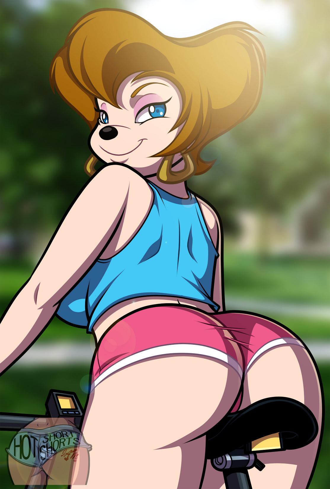 1girls, ass, bicycle, brown hair, buruma, disney, eyeshadow, female, female only, goof troop, hoop earrings, milf, peg pete, short shorts, shorts, solo, sports bra, tattoo