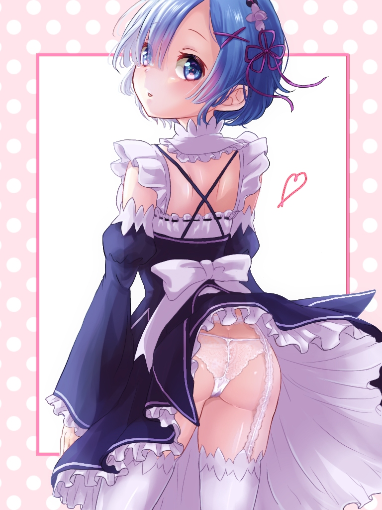 apron ass back back_view blue_eyes blue_hair blush butt_crack detached_sleeves garter_belt garter_straps hair_ornament lace-trimmed_panties lingerie long_sleeves maco_(crea-0328) maid_headdress maid_uniform panties parted_lips re:zero_kara_hajimeru_isekai_seikatsu rem_(re:zero) short_hair shoulder_blades skirt_lift thighhighs thighs underwear white_panties white_thighhighs