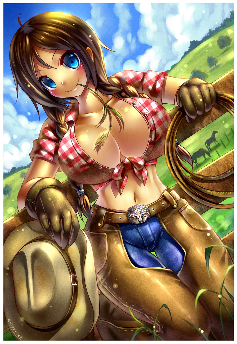 1girls, belt, blue eyes, braid, breasts, brown hair, chaps, closed mouth, clothes, color, cowboy hat, cowgirl, day, emperpep, female, female only, fence, front view, gloves, hat, horse, human, jeans, large breasts, lasso, long hair, looking at viewer, midriff, nonude, open eyes, outdoors, plaid shirt, rope, round ears, solo, solo female, western