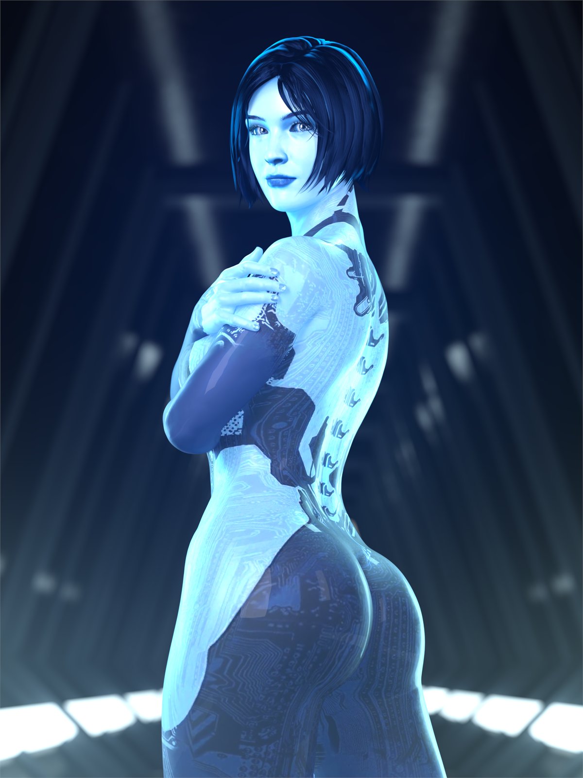 3d 3d_(artwork) arms_crossed ass blender blender_(software) blue_body blue_hair blue_skin bob_cut cortana covering_breasts halo_(series) high_resolution highres looking_back_at_viewer portrait pose posing video_game_character video_games word2