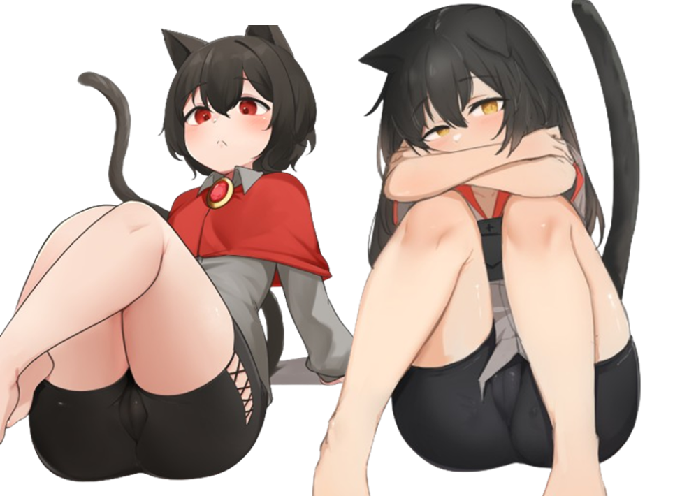 2girls cat_ears clothed daebom feet panther_a puma_(daebom) pussy_visible_through_clothes red_eyes tagme thighs tired war_thunder yellow_eyes