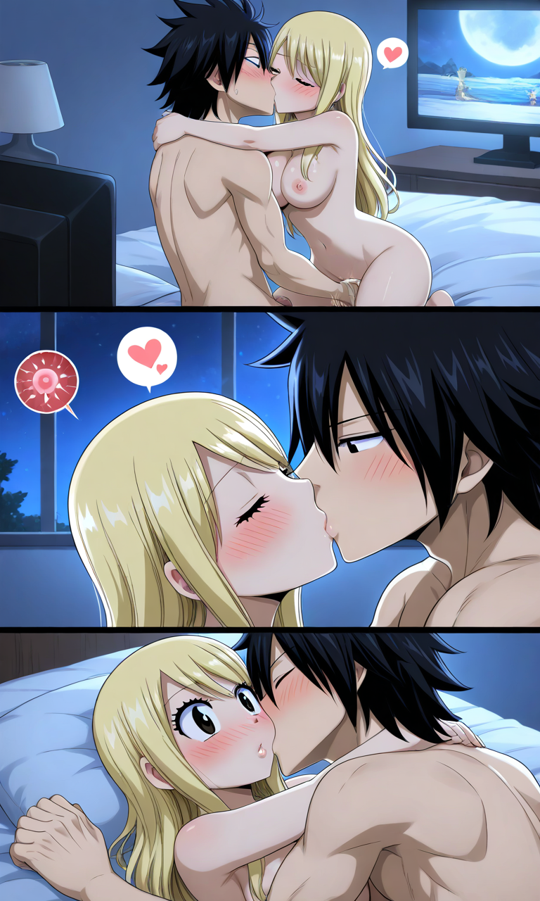 ai_generated bedroom blush fairy_tail fertilization gray_fullbuster impregnation lucy_heartfilia night_sky pixai sperm_cell