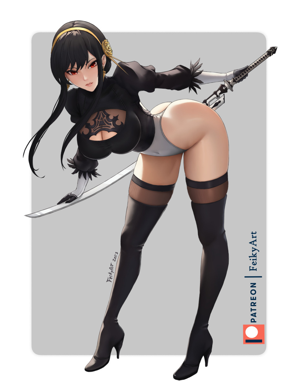 artist_name bent_over black_dress black_gloves black_hair boots border breasts cleavage cleavage_cutout closed_mouth clothing_cutout cosplay covered_navel dress earrings feather-trimmed_sleeves feikyart female female_focus floating_earring full_body gloves grey_background hair_bun high_heel_boots high_heels highleg highleg_leotard highres holding holding_sword holding_weapon jewelry juliet_sleeves katana large_breasts leotard long_hair long_sleeves looking_at_viewer name_connection nier:automata nier_(series) no_blindfold outside_border patreon_username puffy_sleeves pun red_eyes sidelocks solo spy_x_family standing sword thigh_boots thighhighs thong thong_leotard weapon white_border yor_briar yorha_2b