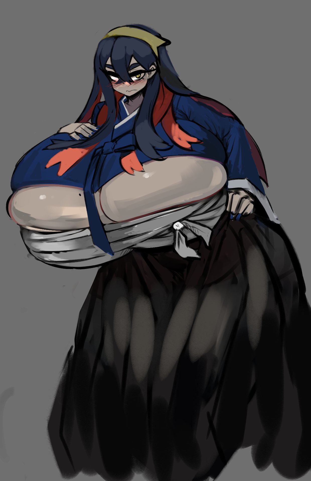 blue_hair blush bursting_breasts carmine_(pokemon) chest_wraps cleavage giantess gipehtyboon hourglass_figure huge_breasts pokemon pokemon_sv thick_thighs wraps yellow_eyes