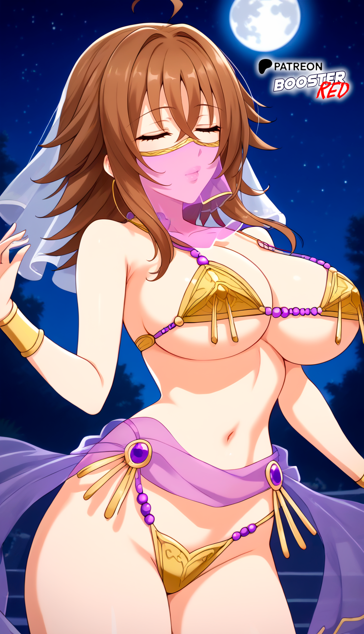 ahoge ai_generated alternate_costume bare_shoulders belly_dancer bikini boosterred99 brown_hair closed_eyes dancer dancer_outfit female golden_bikini hair_between_eyes harem harem_girl harem_jewelry harem_outfit high_school_dxd highleg kissing kissing large_breasts medium_hair micro_bikini mouth_veil naughty_face night pony_diffusion_xl purple_eyes veil venelana_gremory waist_veil wide_hips