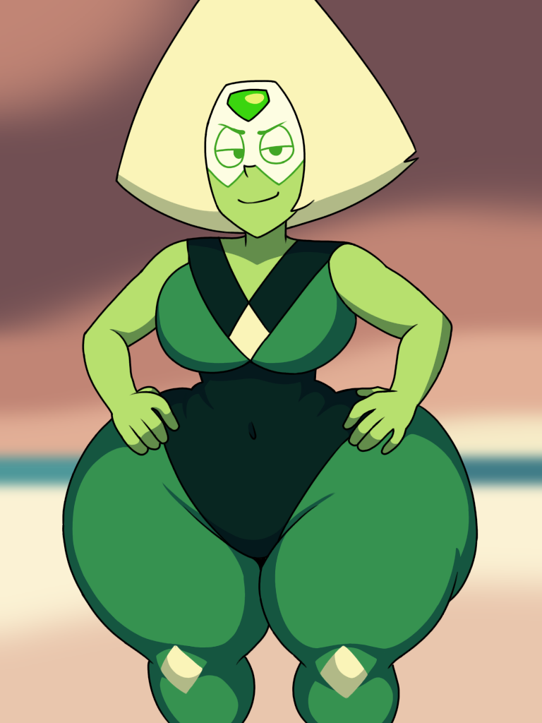 artstyle_imitation beach_background blonde_hair breasts cartoon_network dumptruck_ass gem_(species) gemstone green_eyes green_outfit green_skin hands_on_hips looking_at_viewer ocean peridot_(gem) peridot_(steven_universe) shortstack smug_face steven_universe thick_thighs wide_hips