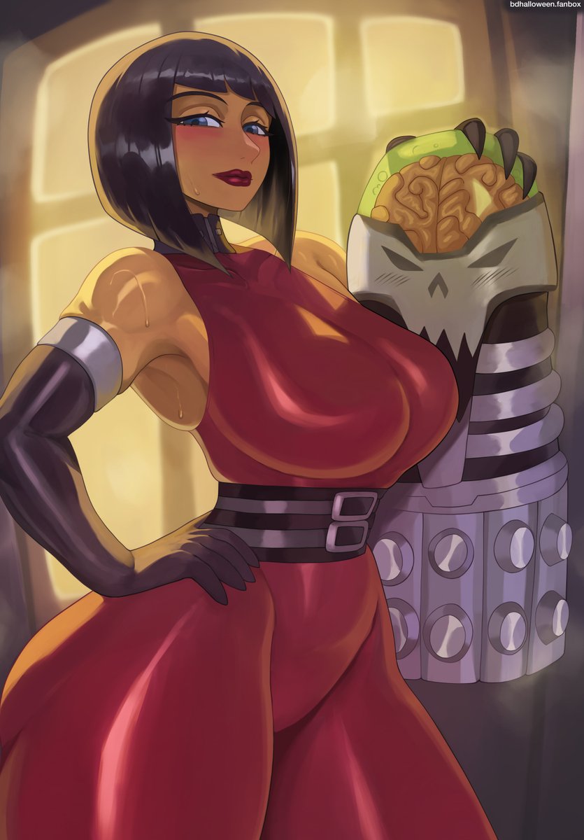 1girls, background, big breasts, black hair, bob cut, brain (dc), breasts, cartoon network, dc, dc comics, female, freddyhalloween, long gloves, looking at viewer, madame rouge, not porn, red clothing, red lipstick, sharp claws, short hair, standing, teen titans, thick thighs, thighs, villainess, wahuku18