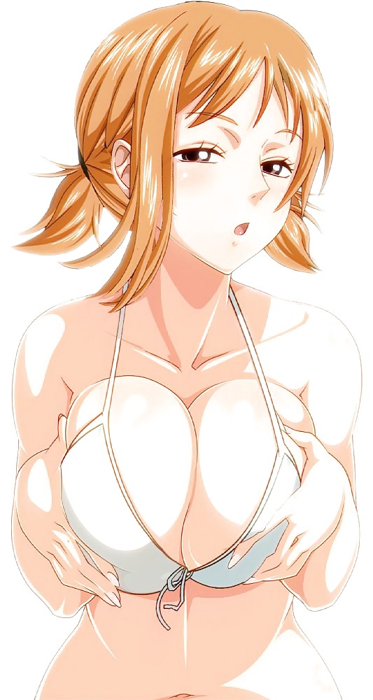 1girls, artist request, big breasts, bikini, breasts, clothing, female, female only, huge breasts, human, nami (one piece), one piece, orange hair, orange-haired female, pre-timeskip, short hair, skimpy, solo, twintails