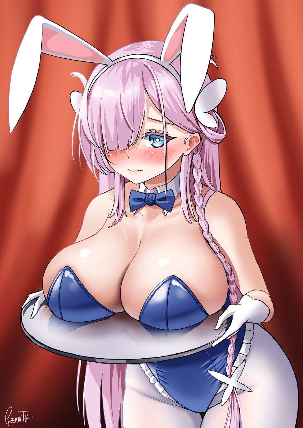 1girls azur_lane bare_shoulders blue_eyes blush breast_rest breasts breasts_on_tray carried_breast_rest carrying cleavage detached_collar eagle_union_(azur_lane) fake_animal_ears fake_rabbit_ears frilled_leotard frills gloves gzanth hair_over_one_eye highres large_breasts leotard light-skinned_female light_skin long_hair louisville_(an_order_of_dreams)_(azur_lane) louisville_(azur_lane) official_alternate_costume pantyhose pink_hair playboy_bunny white_gloves white_pantyhose