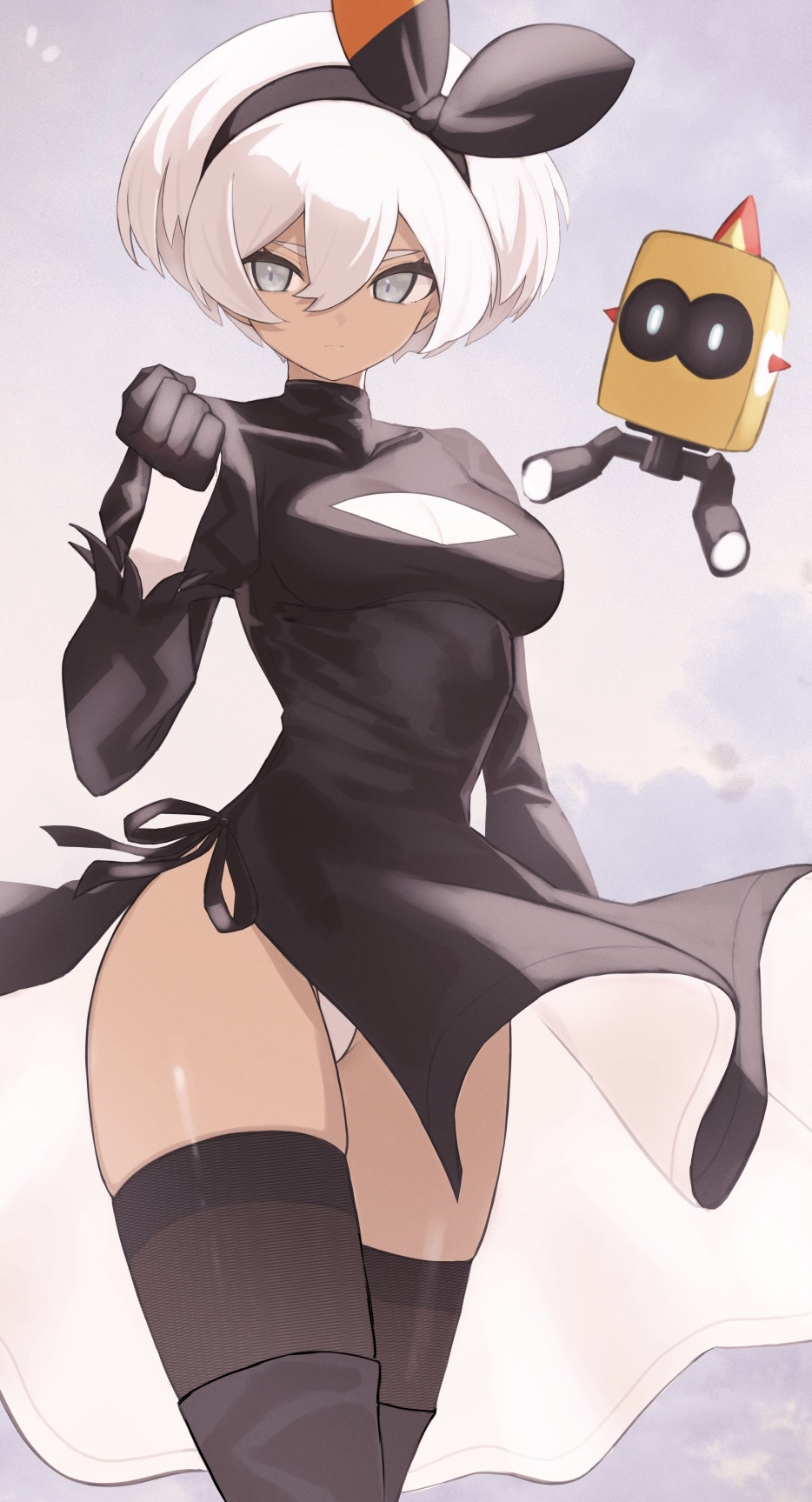 bea_(pokemon) black_dress black_thighhighs breasts cleavage_cutout clenched_hand clothing_cutout cosplay creatures_(company) dark-skinned_female dark_skin dress falinks female game_freak gen_8_pokemon gloves grey_eyes grey_hair hair_between_eyes hairband heattech_leotard highleg highleg_leotard highres leotard long_sleeves medium_breasts nier:automata nier_(series) nintendo nuneno pokemon pokemon_swsh puffy_sleeves short_hair solo thighhighs turtleneck white_hair white_leotard yorha_2b yorha_2b_(cosplay)