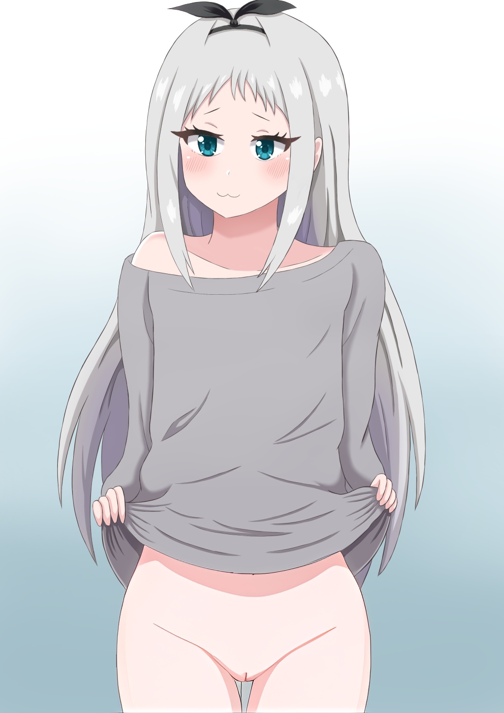 1boy :3 blend_s blue_background blue_eyes blush blushing cuntboy edit grey_hair grey_shirt intersex kanzaki_hideri lifting_own_clothes long_hair long_sleeves looking_away mouth_closed partially_clothed pussy shirt_lift simple_background sleeves_past_wrists smile solo