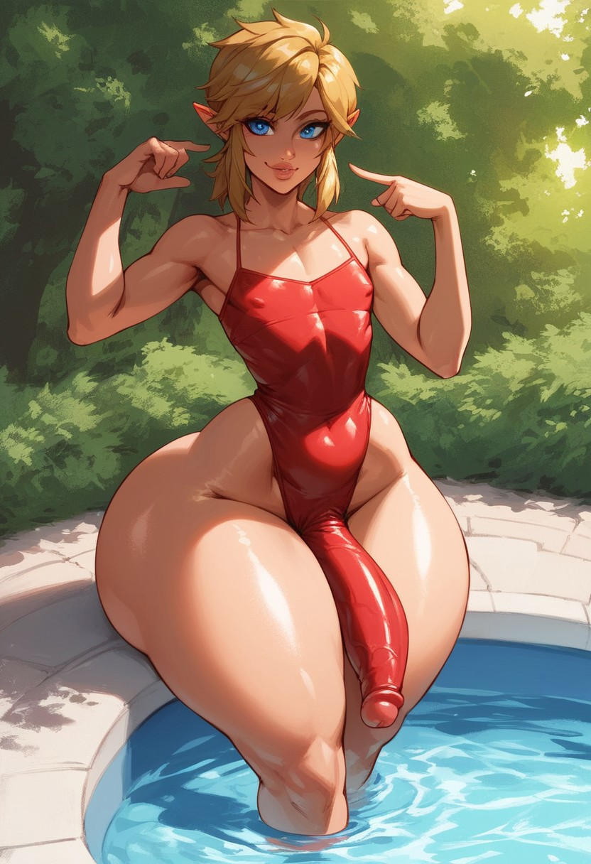 1boy, ai generated, balls, femboy, femboyarashi, girly, hourglass figure, link, looking at viewer, male, male only, penis, pool, sissy, swimsuit, the legend of zelda, thick thighs, thin waist, wide hips