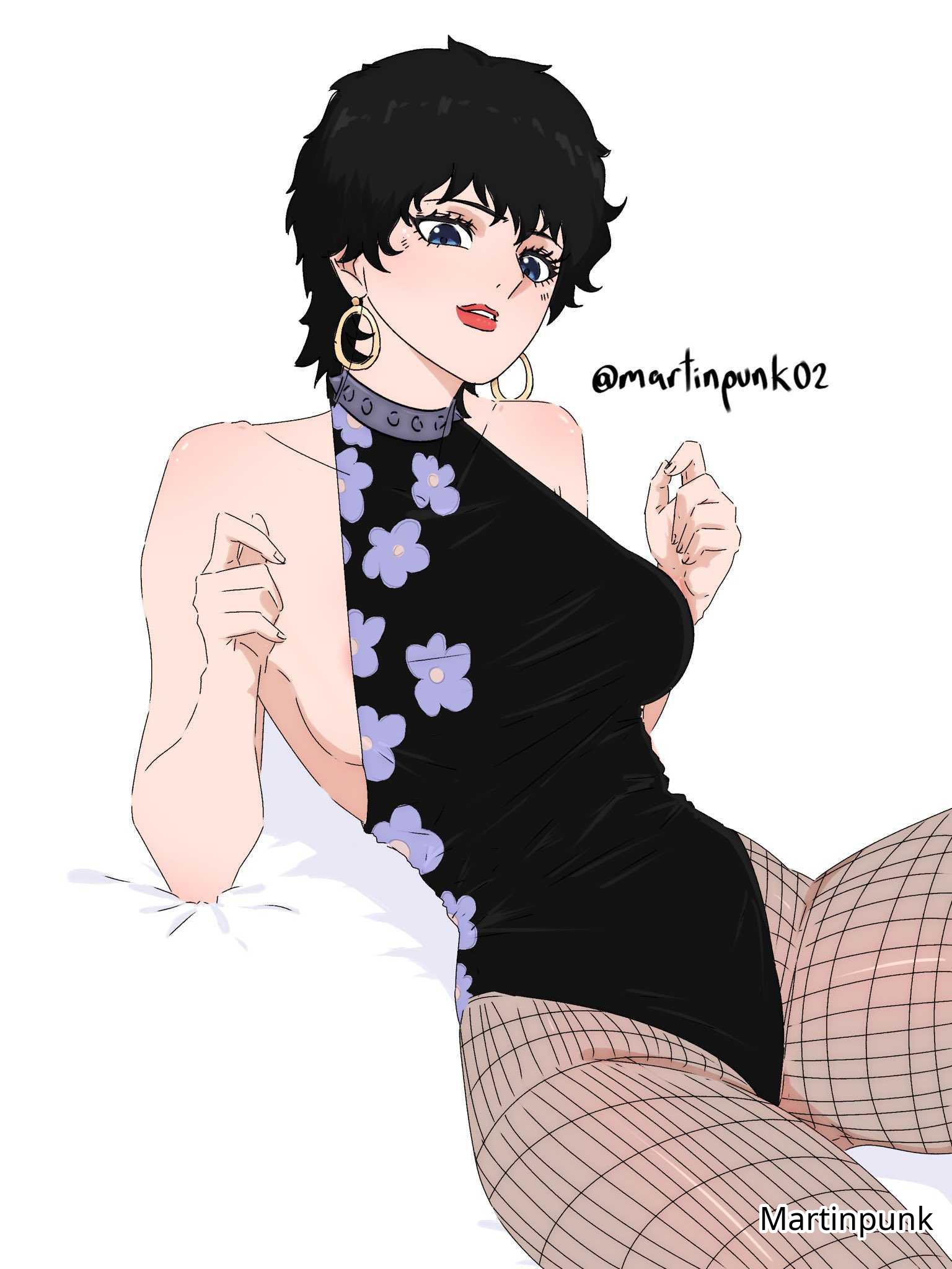 1girls, 2d, 2d (artwork), 2d artwork, adult, adult female, big breasts, black hair, black leotard, black topwear, black-haired female, blue eyes, blue-eyed female, breasts, busty, busty female, busty girl, collarbone, curvaceous, curvaceous body, curvaceous female, curvaceous figure, curvaceous hips, curvy, curvy body, curvy female, curvy figure, curvy hips, digital, digital art, digital drawing, digital drawing (artwork), digital media, digital media (artwork), doll (one piece), earrings, elbows, female, female focus, female only, fingernails, fingers, fishnet legwear, fishnet pantyhose, fishnet stockings, fishnet tights, groin, head tilt, high resolution, highres, hourglass figure, inguinal crease, inguinal ligament, large boobs, large breasts, lean figure, legwear, leotard, lips, lipstick, looking at viewer, martinpunk, mature, mature female, narrow waist, one piece, pantyhose, post-timeskip, reclining, reclining pose, red lips, red lipstick, short hair, shoulders, simple background, slender body, slender waist, slim waist, solo, stockings, thick thighs, thighs, tights, tilted head, topwear, upper body, white background, wide hips