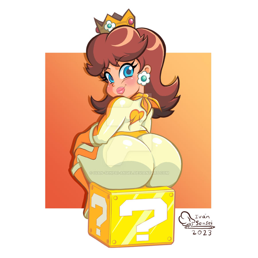 ? block, 1girls, 2023, big ass, bodysuit, deviantart watermark, female, ivan senpai angel, mario (series), mario kart, nintendo, princess daisy, princess daisy (aero), question block, watermark, yellow bodysuit