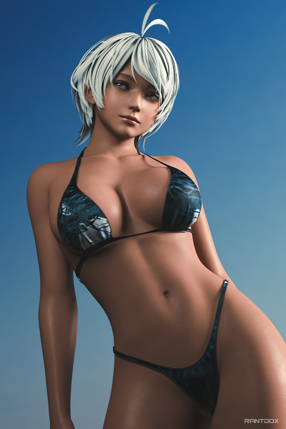 3d athletic athletic_female beach big_breasts bikini blue_eyes blue_hair breasts busty dark-skinned_female dark_skin dead_or_alive dead_or_alive_xtreme_venus_vacation female female_focus female_only hourglass_figure outdoors outside patty_(dead_or_alive) rantdox short_hair tagme wide_hips