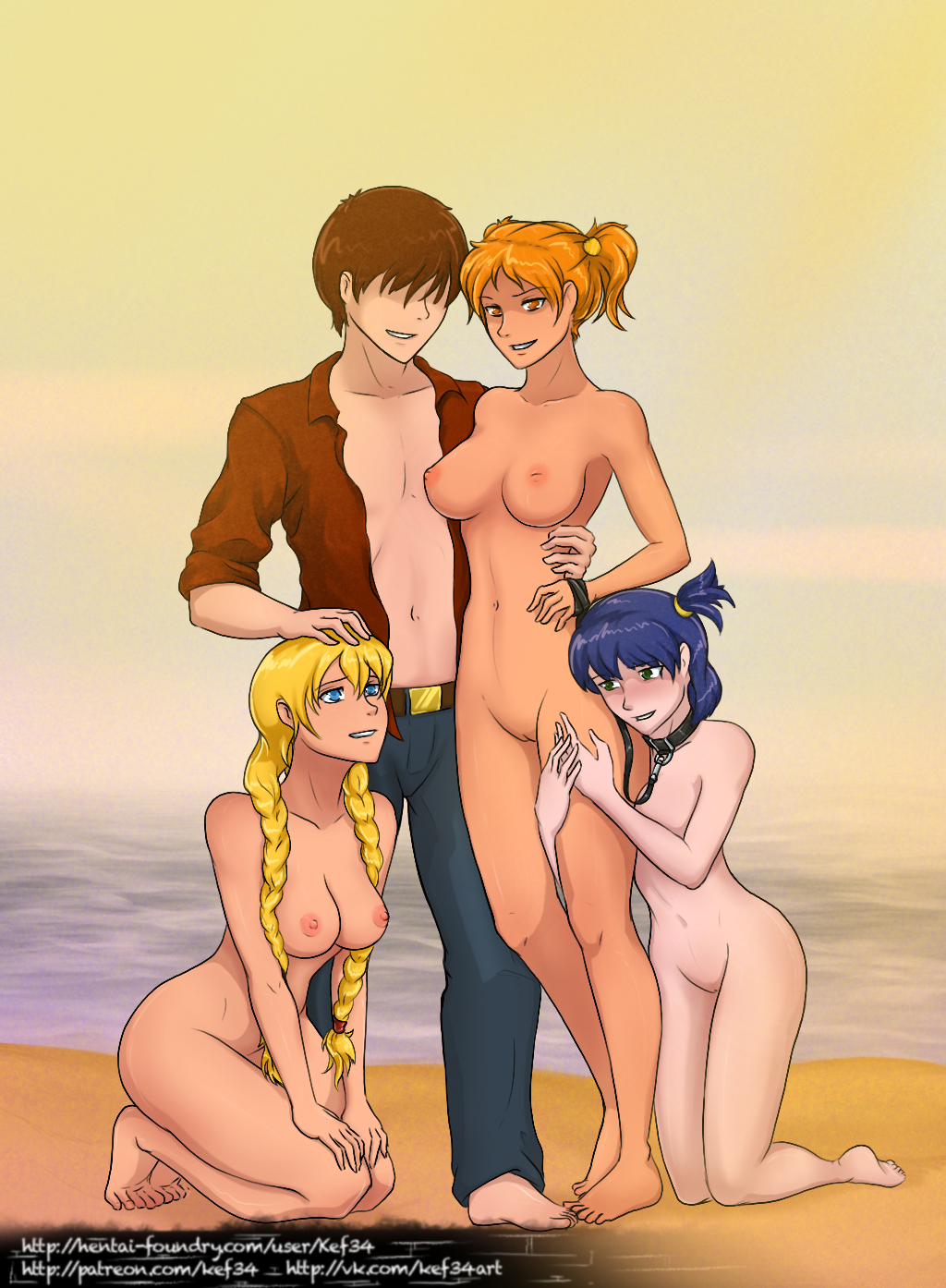 1boy 3girls alisa_(everlasting_summer) alisa_dvachevskaya dvach-tan everlasting_summer harem image_set kef34 kneeling leash lena_(everlasting_summer) male slavya-chan slavya_(everlasting_summer)