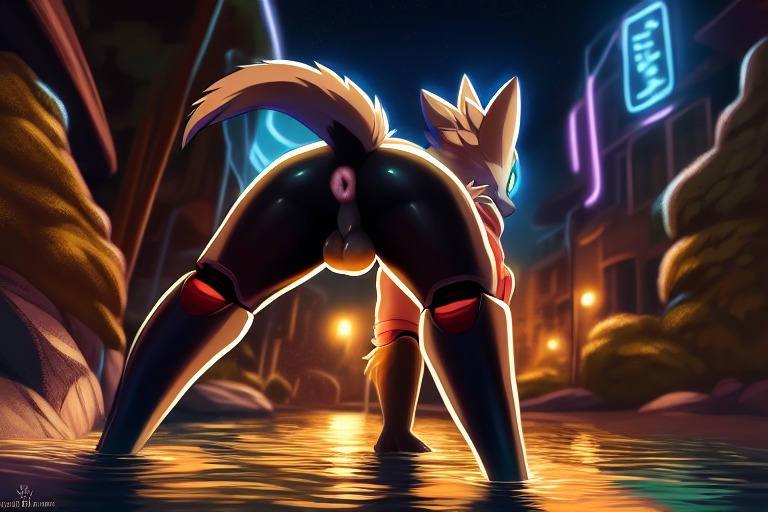 ai_generated anthro anus ass balls ballsack bent_over city city_background cybernetics diplive7 exposed exposed_ass femboy furry furry_robot male neon neon_lights robot robot_furry robotic silhouette sun sunlight tagme water