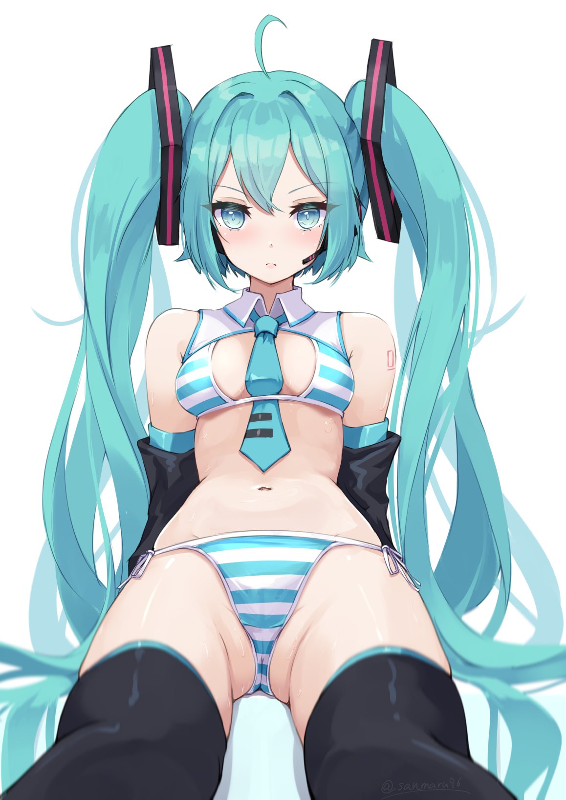 arm_support arms_at_sides belly blush collared_bikini embarrassed hatsune_miku hatsune_miku_(collared_bikini) meme_attire petite reclining slender_waist small_breasts striped_bikini thighs twintails v-shaped_eyebrows vocaloid