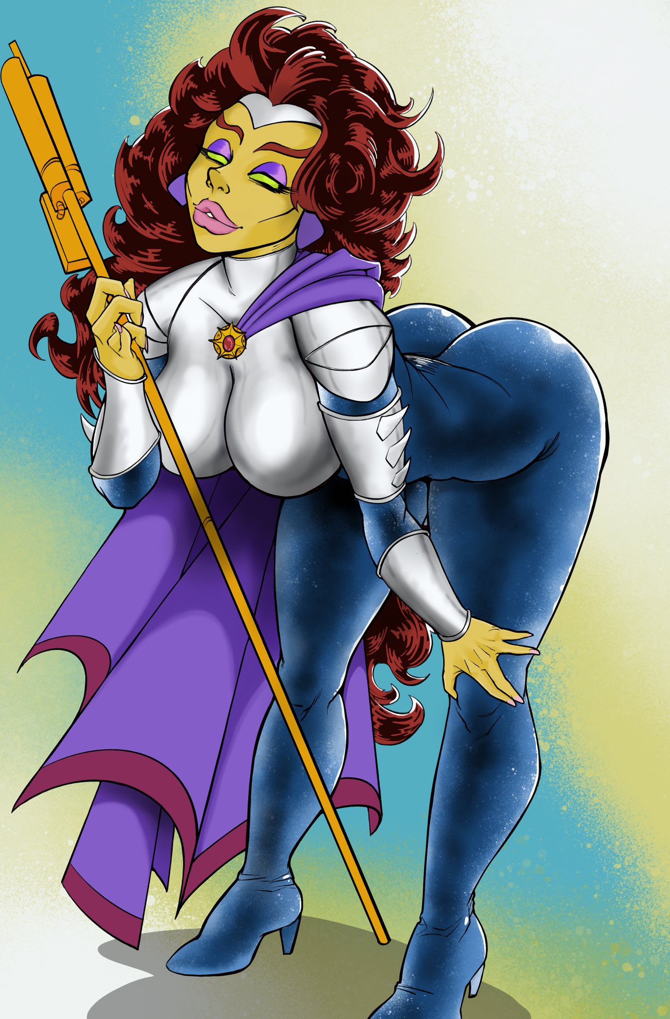 1girls arched_back armor ass bending_over big_ass big_breasts bimbo blackfire blackfire_(comics) body_hair breasts bubble_butt cape creamypd curly_hair dc dc_comics earrings eyelashes female glowing_eyes green_hair hand_on_leg heels komand'r lipstick long_eyelashes mature_female pink_lipstick pinup retro retro_artstyle seductive seductive_look slim_waist solo tamaranean teen_titans thick_lips thick_thighs tight_clothing villainess wide_hips yellow_body