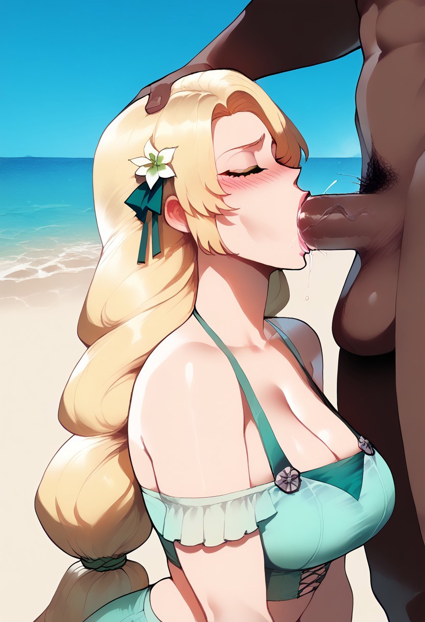 1boy 1girl ai_generated beach big_breasts big_penis bikini blonde_hair blowjob blush braided_hair civitai cleavage closed_eyes curvy dark-skinned_male detailed_background fellatio female fire_emblem fire_emblem:_three_houses fire_emblem_heroes floox green_bikini green_eyes green_swimwear hair_flower hand_on_another's_head huge_breasts huge_cock ingrid_brandl_galatea ingrid_brandl_galatea_(summer) interracial large_breasts light-skinned_female long_hair mature_female milf nervous nintendo outdoors ponytail pubic_hair shiny_skin shorts swimwear thiccwithaq_(ai_style) veiny_penis very_long_hair wide_hips