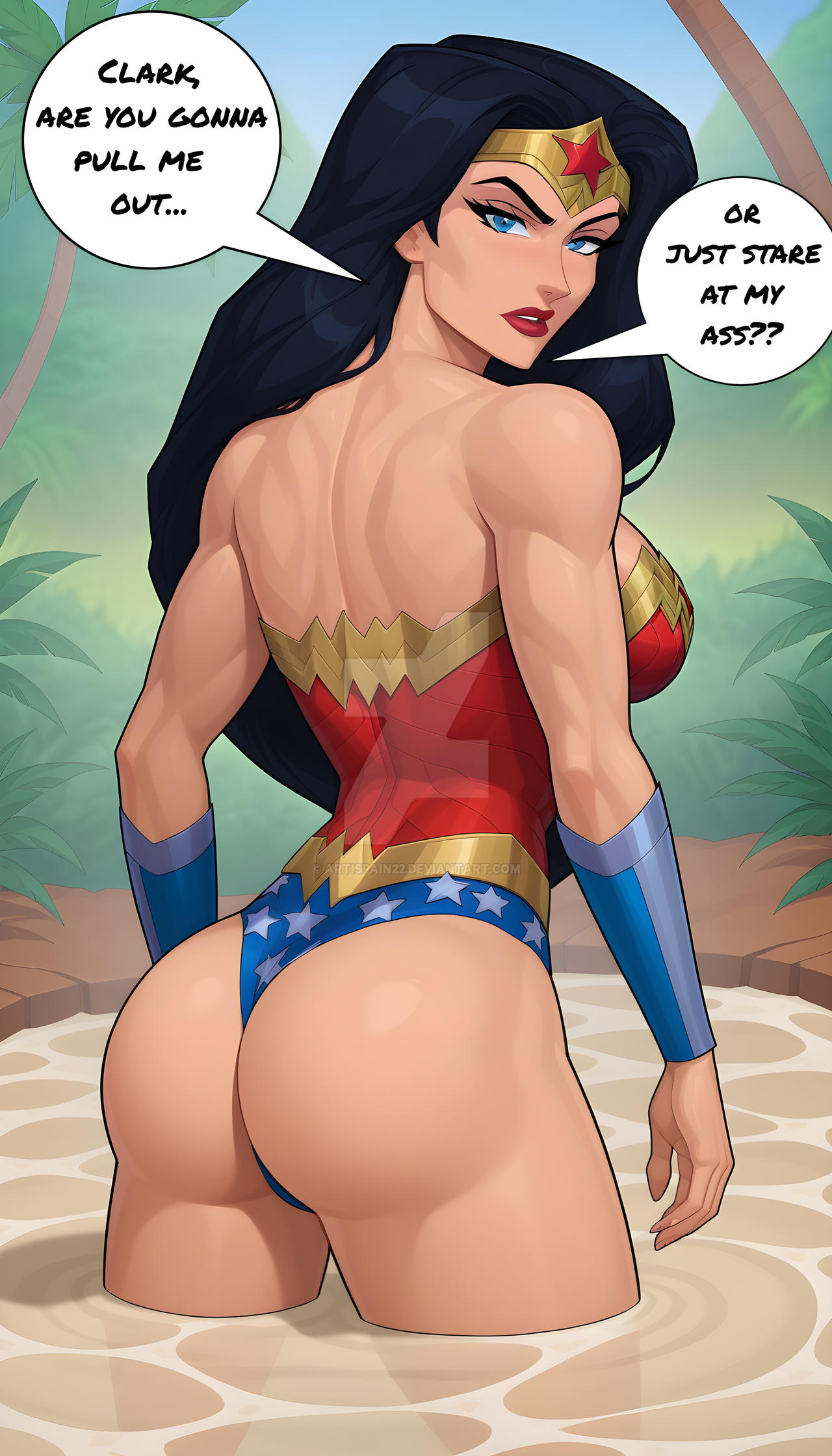 1girls, ai generated, amazon, ass, ass focus, black hair, blue eyes, curvaceous, curvaceous body, curves, curvy, curvy body, curvy female, curvy figure, dc, dc comics, dcau, deviantart, diana prince, exposed ass, exposed butt, female, female only, heroine, hourglass figure, light skin, light-skinned female, solo, solo female, superhero, superheroine, text, themysciran, voluptuous, voluptuous female, watermark, wonder woman, wonder woman (series)