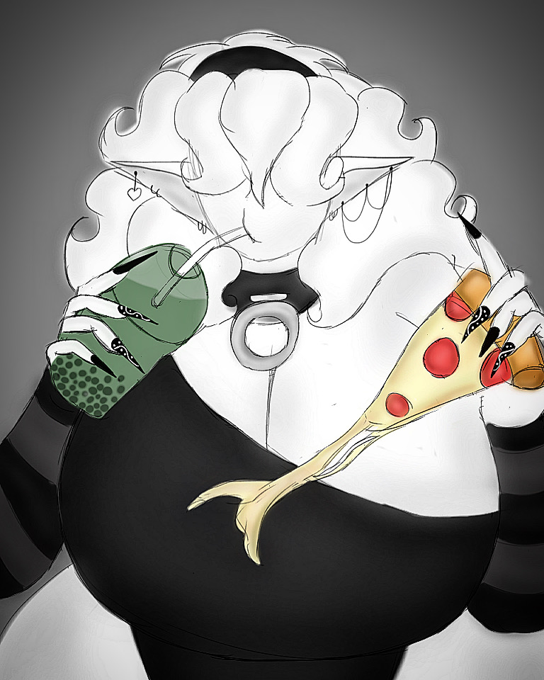 (guava(l3wdpanda) big_breasts black_shirt boba_tea breast_squish breasts breasts_bigger_than_head busty busty_female drinking eating elf elf_ear elf_ears elf_female elf_girl female female_human female_only goth goth_girl gothic gothic_lolita guava) happy l3wdpanda milf milfs pizza thick_thighs