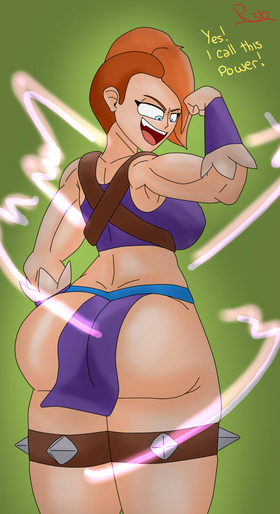 1girls big_ass big_butt big_muscles clash_(series) clash_royale clothing evolution_valkyrie_(clash_royale) muscle_girl muscular_female orange_hair orange_hair_female purple_eyes revealing_clothes tan_body tan_skin text text_bubble tomboy valkyrie_(clash_royale) warrior