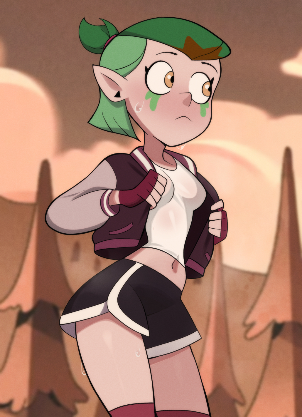1girls, amity blight, female, fingerless gloves, green hair, legwear, light skin, light-skinned female, newguy1091, short shorts, shorts, socks, solo, sportswear, sweaty, tagme, the owl house, thighs, yellow eyes