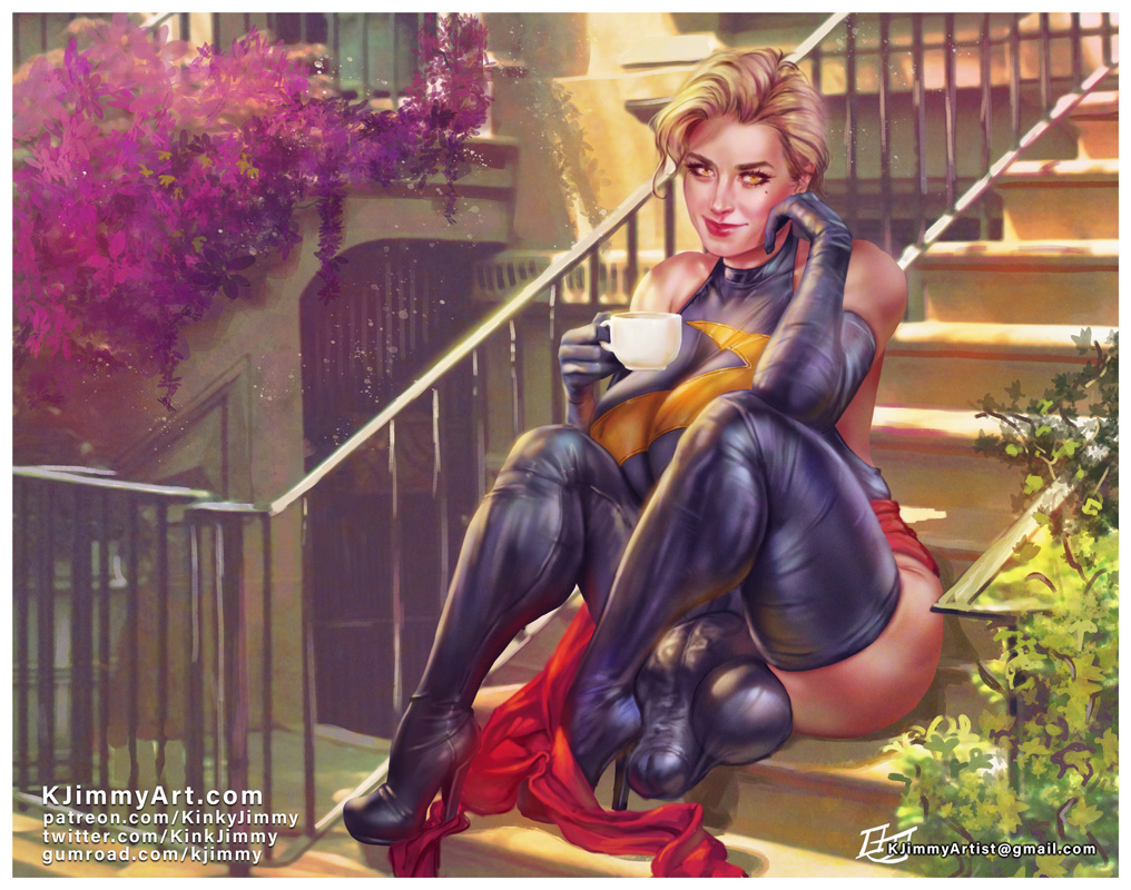 1futa blonde_hair bulge bulge_through_clothing captain_marvel carol_danvers futa_only futanari kinkyjimmy marvel marvel_comics penis_outline skin_tight solo