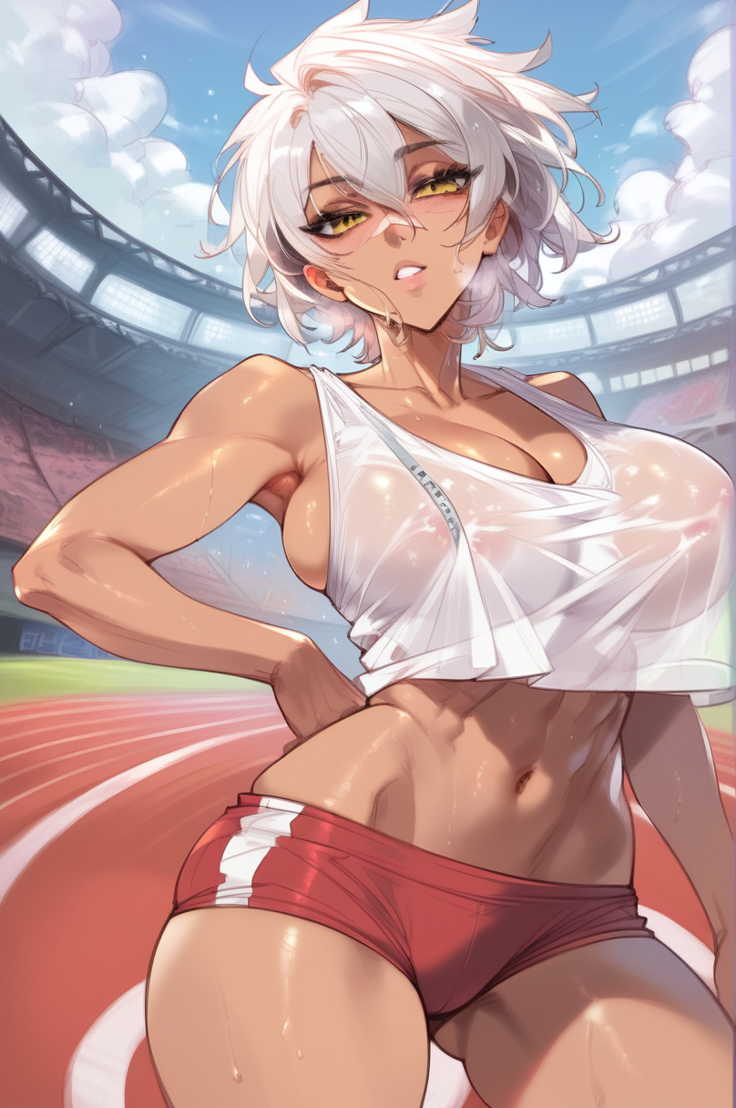 2d ai_generated big_breasts blazblue bullet_(blazblue) buruma dark-skinned_female dark_skin short_hair stadium sweet tagme tan-skinned_female tomboy wet_shirt white_hair white_shirt