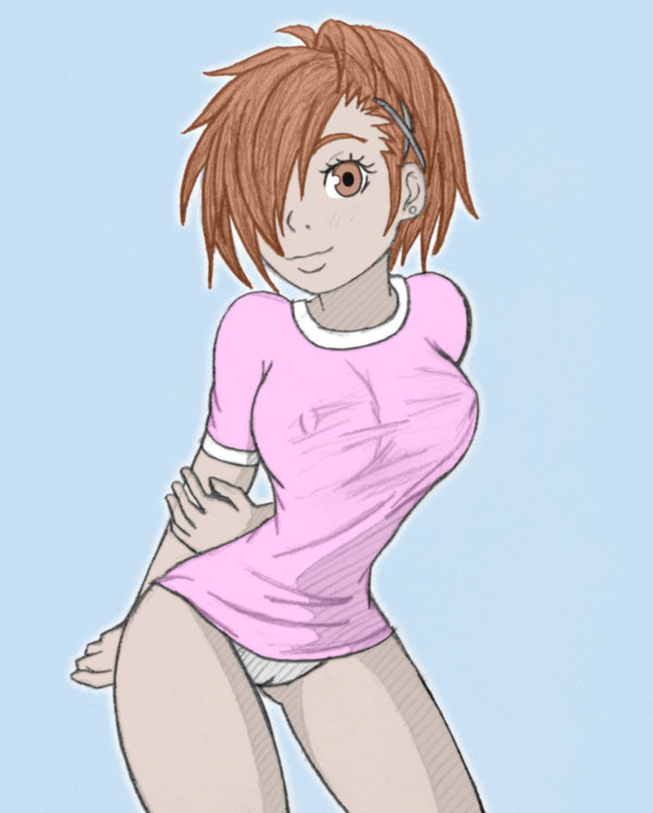 brown_eyes cameltoe erect_nipples female_protagonist_(persona_3) front_view hair kotone_shiomi megami_tense persona persona_3 solo t-shirt technician67