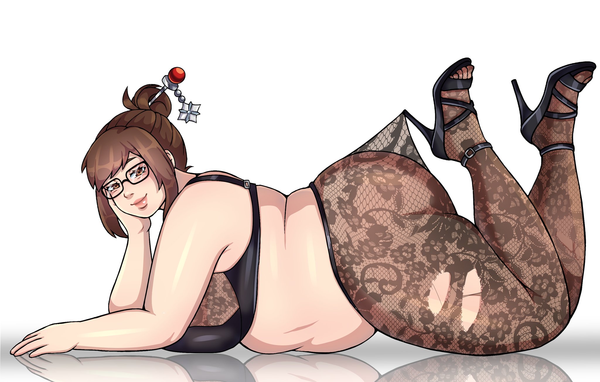 bbw, bra, chubby, dat ass, fat, fat ass, glasses, high heels, huge ass, huge breasts, lingerie, looking at viewer, mei (overwatch), obese, overwatch, overwatch 2, overweight, pantyhose, pantyhose pull, racoomoko, ripped pantyhose, seductive look, smirk, tagme