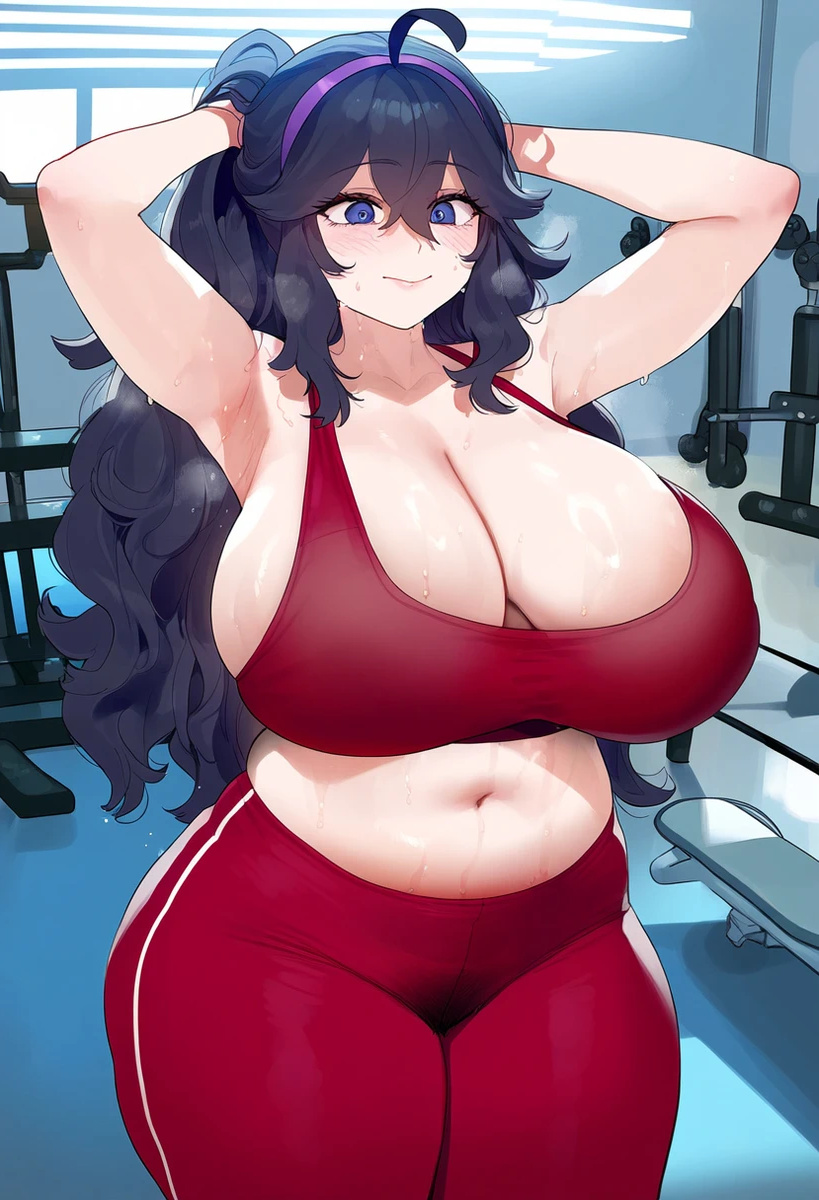 ai generated, arms up, bbw, big female, bigger female, blue eyes, breasts, female, gigantic breasts, gym, gym clothes, gym uniform, hairband, hairy pussy, hex maniac, huge breasts, huge thighs, light skin, light-skinned female, long hair, massive breasts, nintendo, pequod, pokemon, pokemon xy, ponytail, purple hair, pussy, smiling, solo female, squatting, thick body, thick female, thick thighs, thighs, voluptuous, voluptuous female
