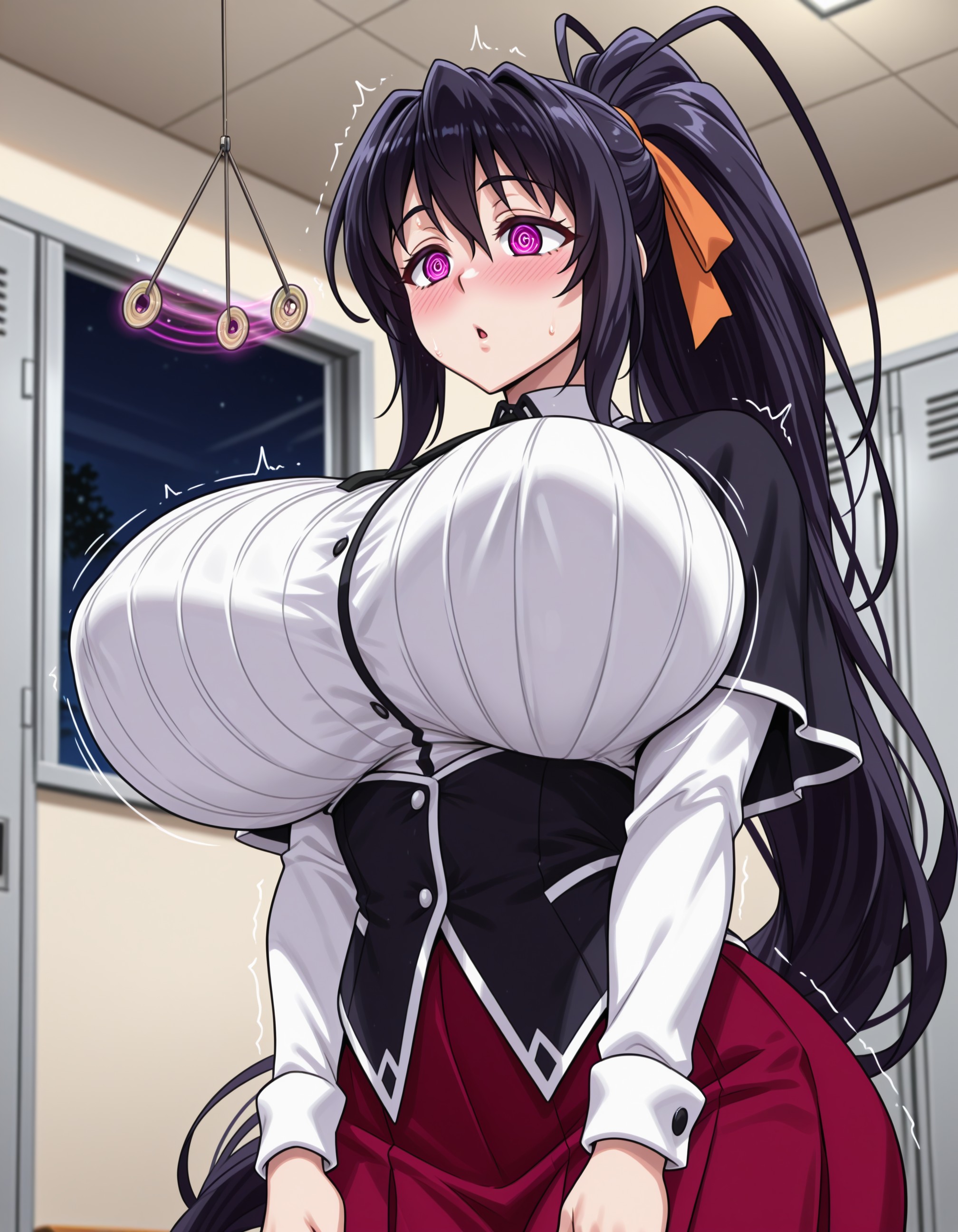 :o, @ @, ai generated, akeno himejima, black capelet, black corset, black hair, blush, bouncing breasts, breasts, buttons, capelet, clothing, coin, coin on string, collared shirt, corset, female, hair between eyes, hair ribbon, high ponytail, high school dxd, himejima akeno, holed coin, huge breasts, hypnosis, indoors, jousneystudio, large breasts, locker, locker room, long hair, long sleeves, mind control, motion lines, night, open mouth, orange ribbon, parted lips, patreon username, pendulum, ponytail, purple eyes, red skirt, ribbon, school uniform, shirt, skirt, solo, standing, thighs, trembling, underbust, very long hair, white shirt, window