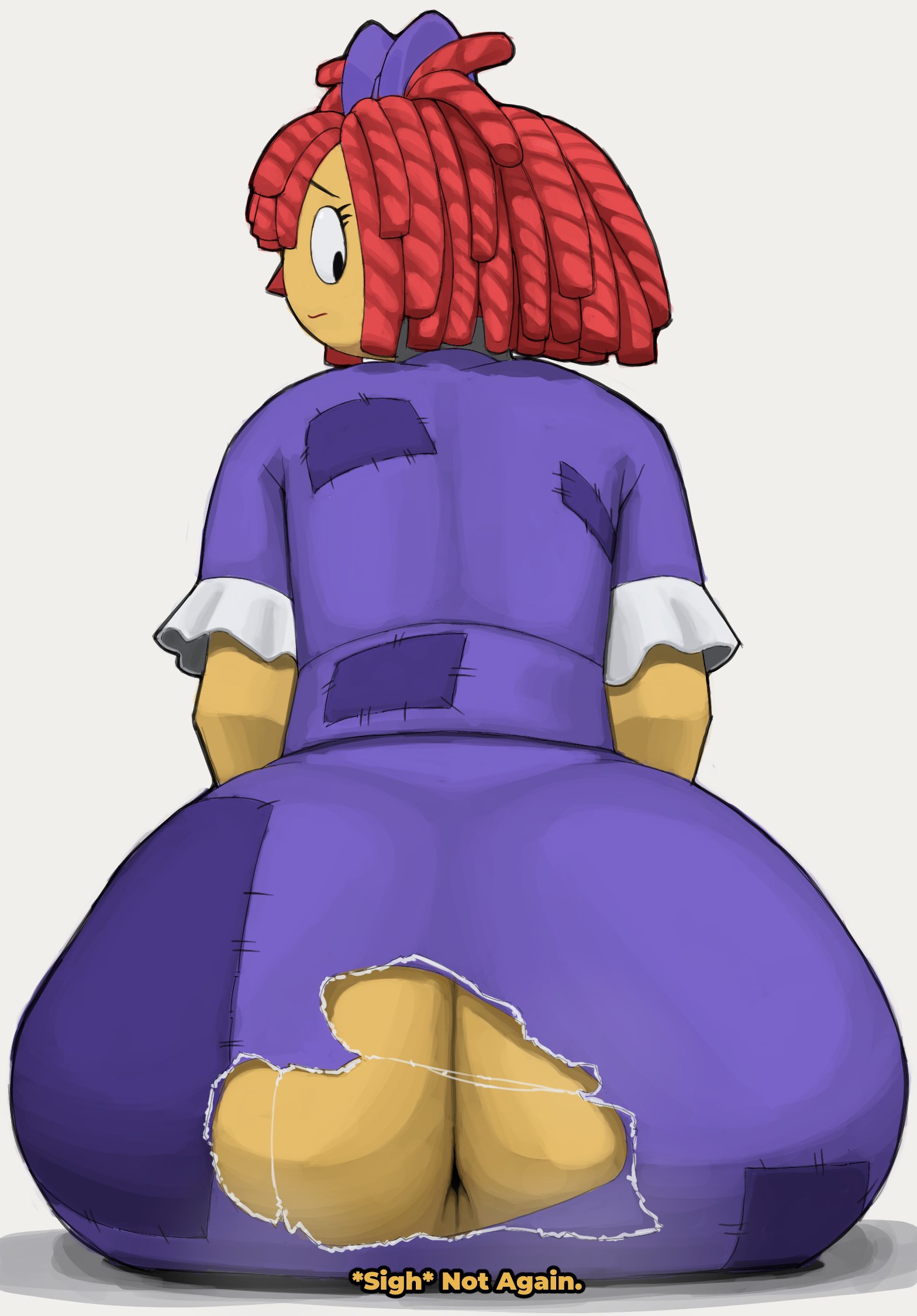 1girls, ass, ass in dress, big ass, bubble ass, bubble butt, doll girl, dress, fat ass, female, female only, huge ass, large ass, massive ass, metalsplinter, ragatha (the amazing digital circus), red hair, ripped clothing, sitting, solo, the amazing digital circus, thick ass, thick thighs, wardrobe malfunction, wide hips