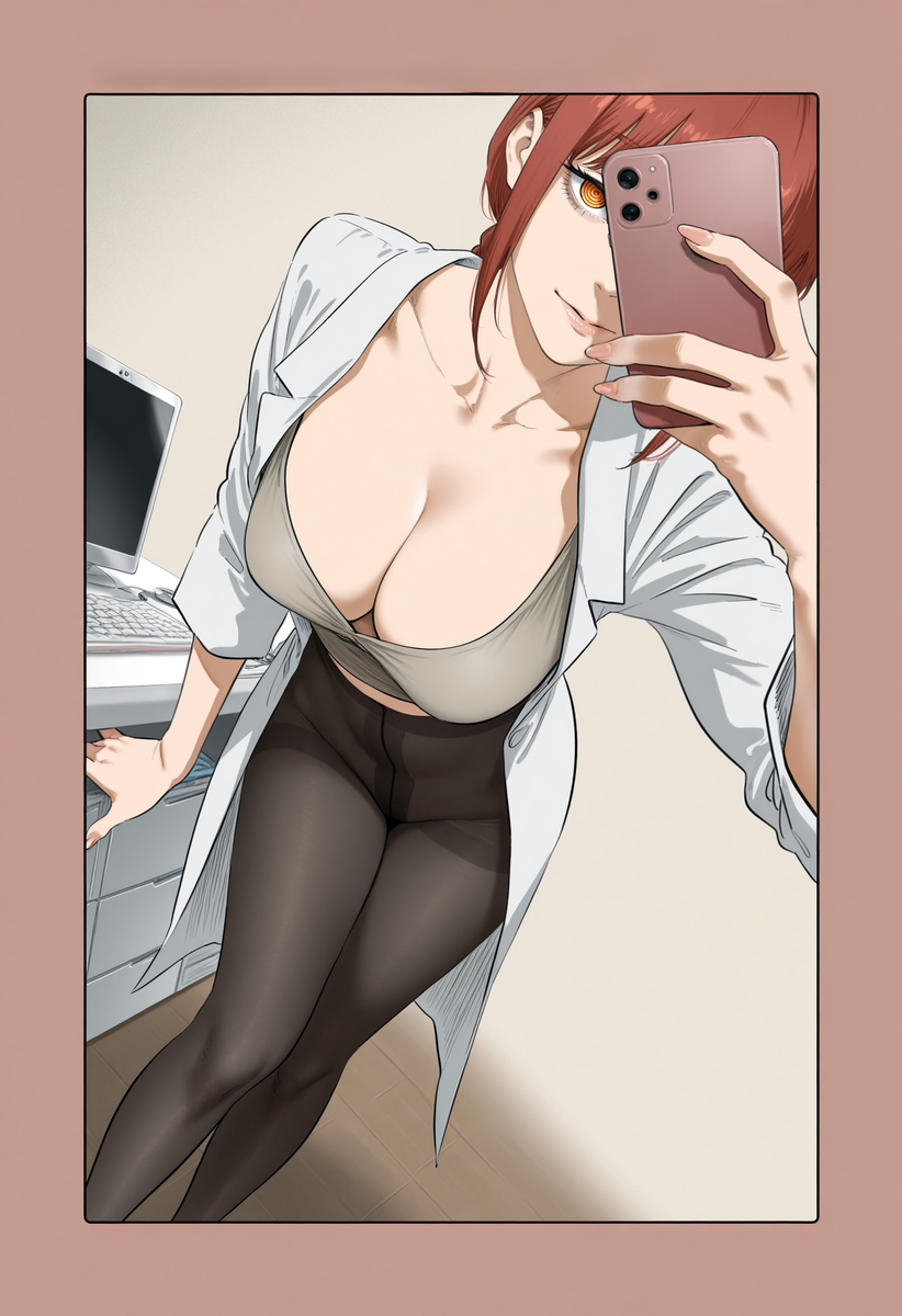 1girls, ai generated, chainsaw man, cleavage, female, female only, makima (chainsaw man), pantyhose, phone, red hair, selfie, solo, solo female, zloimakak