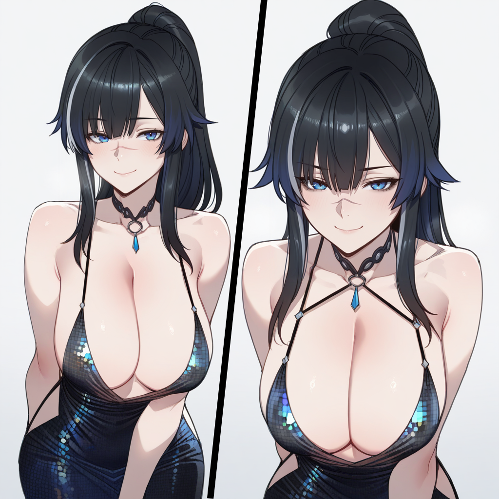 1girls ai_generated black_hair blue_eyes blue_hair cleavage female katya_(snowbreak) katya_klein large_breasts looking_at_viewer snowbreak snowbreak:_containment_zone