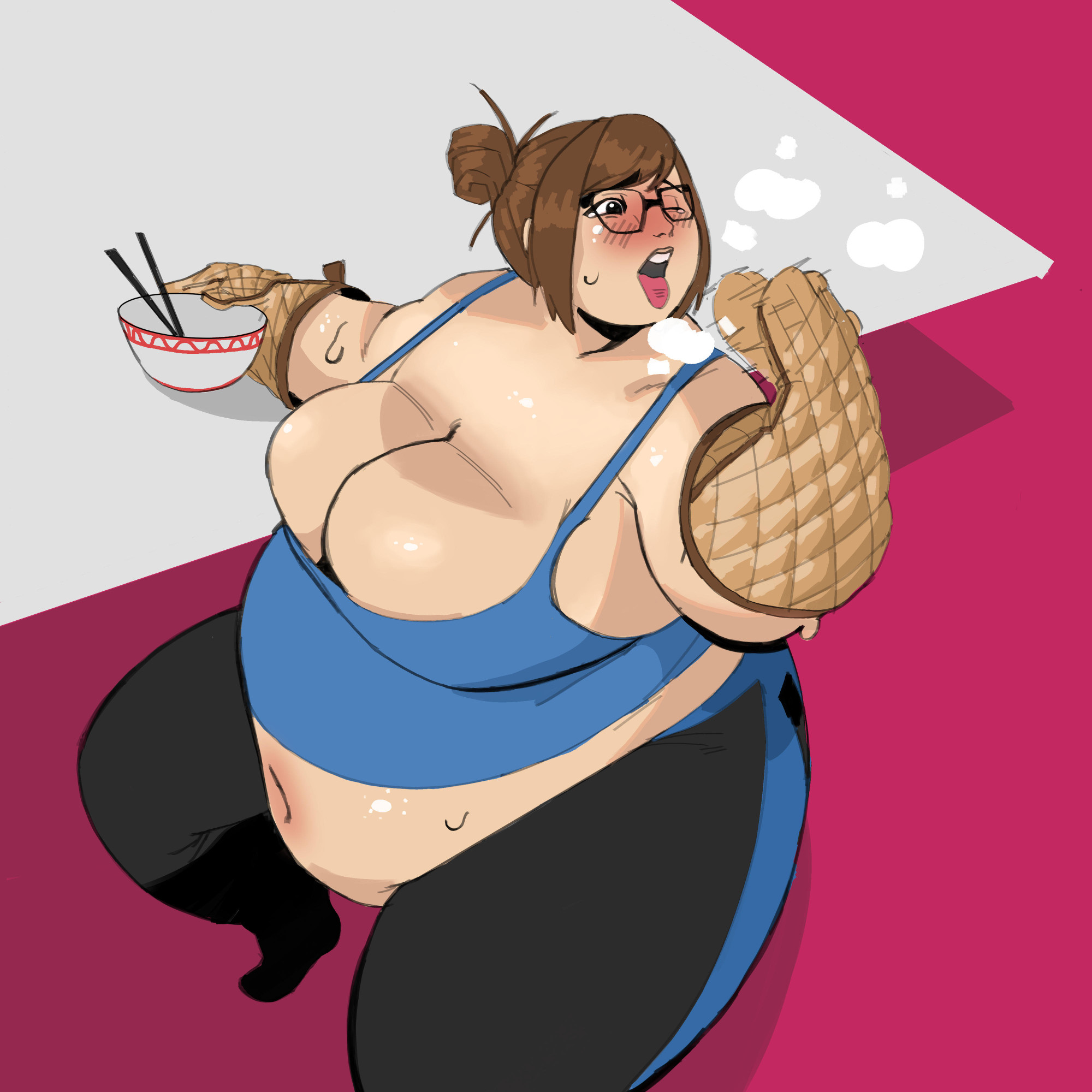 1girls, bbw, breasts, cleavage, fat, fat female, female, female only, hanging belly, huge breasts, human, large breasts, maphu, mei (overwatch), overwatch, overweight, overweight female, revealing clothes, sitting, solo, solo female, weight gain