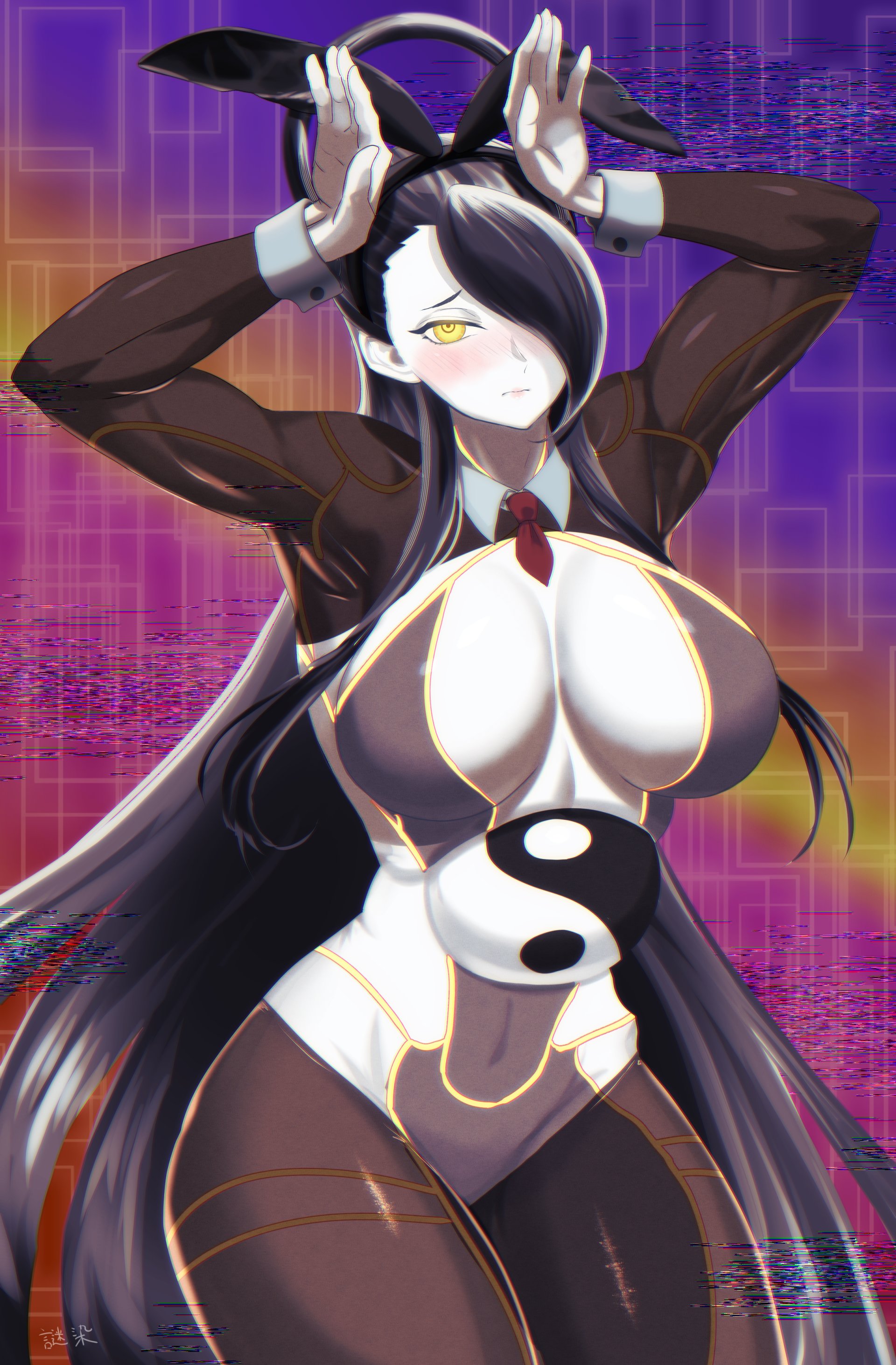 2d, artist request, big breasts, black hair, breasts, bunny ears, bunny girl, bunnysuit, busty, capcom, female, female focus, female only, hourglass figure, long hair, mystery ts, pose, posing, robot, robot girl, robot humanoid, seth (doll unit 0), seth (street fighter), street fighter, tagme, wide hips, yellow eyes