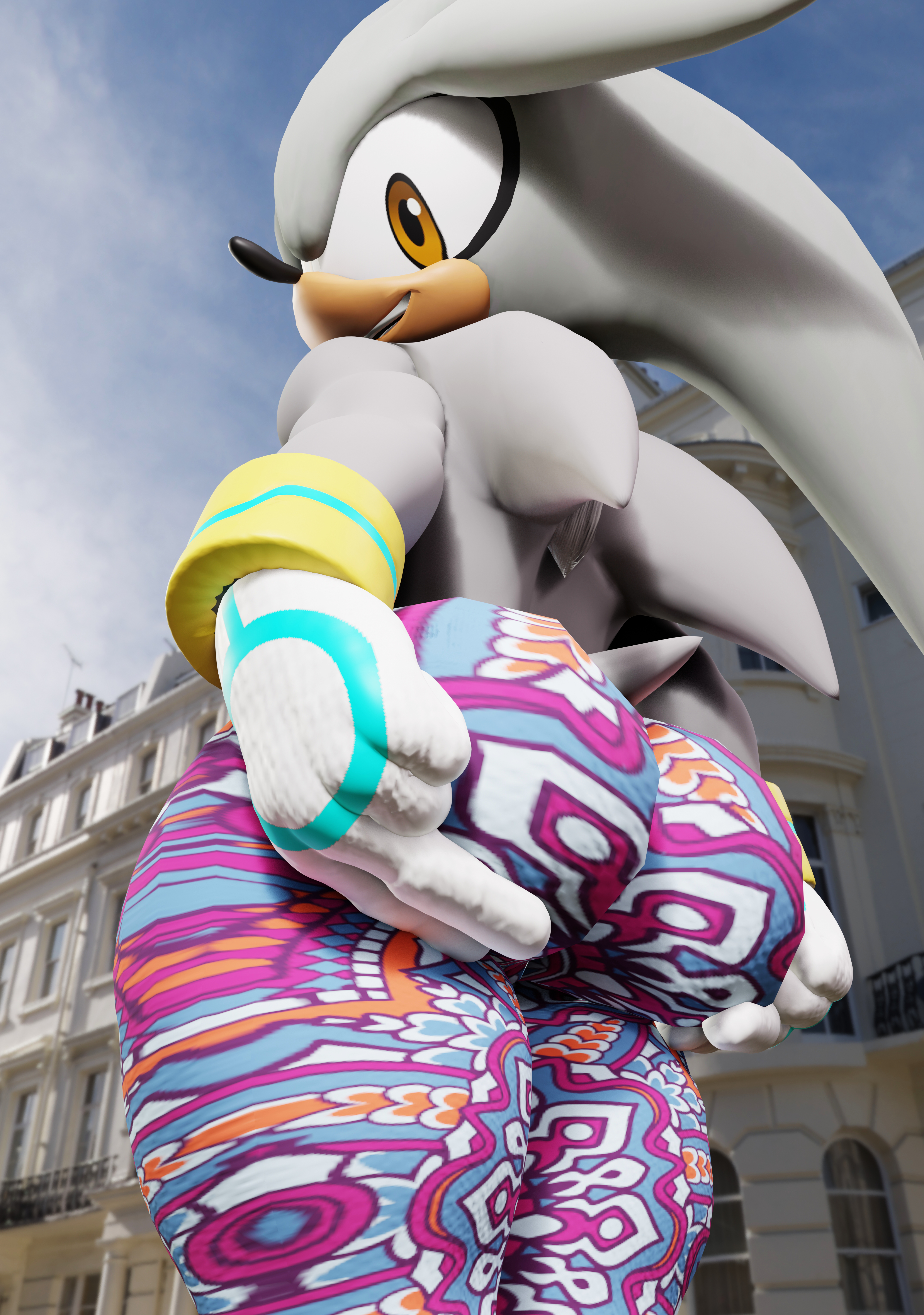 3d, 3d (artwork), anotherdrew, anthro, anthro only, ass, ass grab, big ass, big butt, bubble ass, bubble butt, femboy, flare pants, forbidden pants, furry, furry only, highres, male, male only, presenting ass, self upload, silver the hedgehog, sonic (series), sonic the hedgehog (series), tight pants