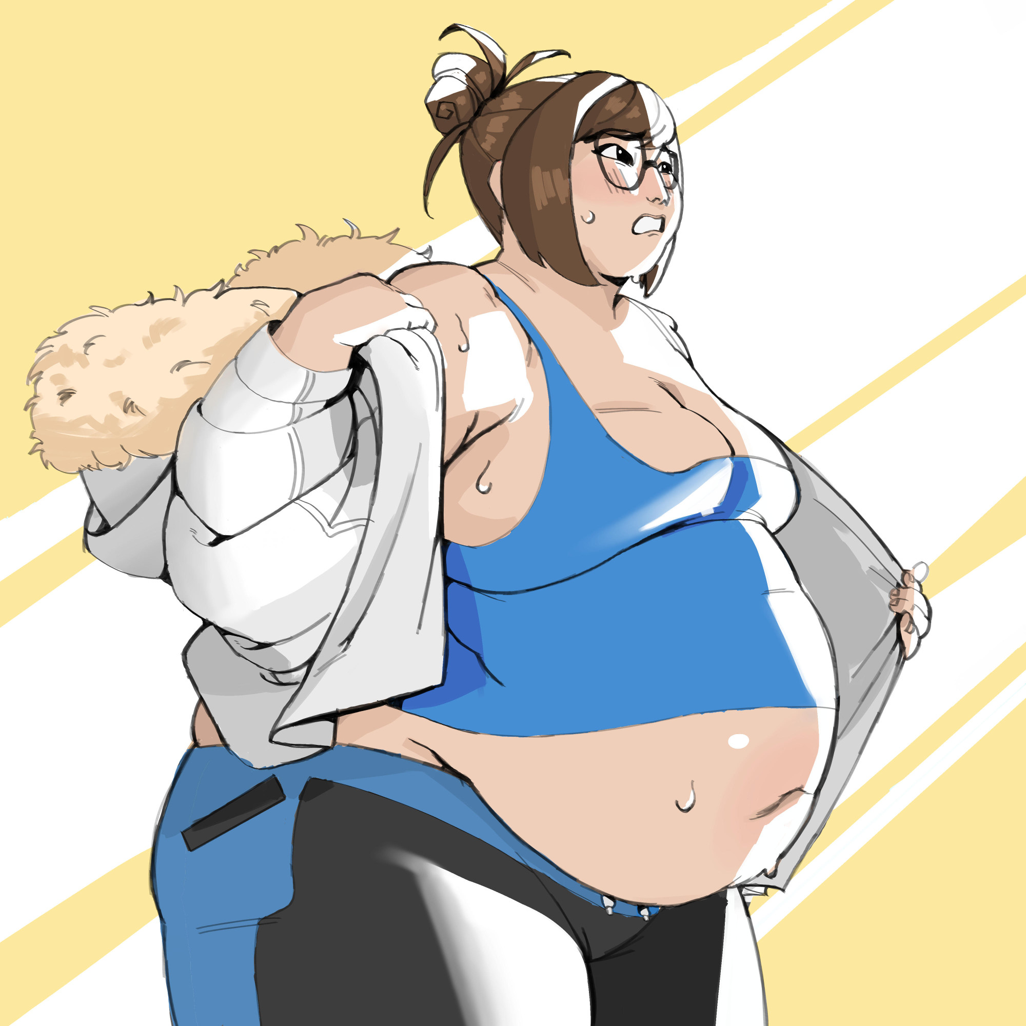 1girls, bbw, big breasts, breasts, cleavage, fat, fat female, female, female only, huge belly, human, large breasts, maphu, mei (overwatch), overwatch, overweight, overweight female, solo, solo female, standing, sweat, weight gain
