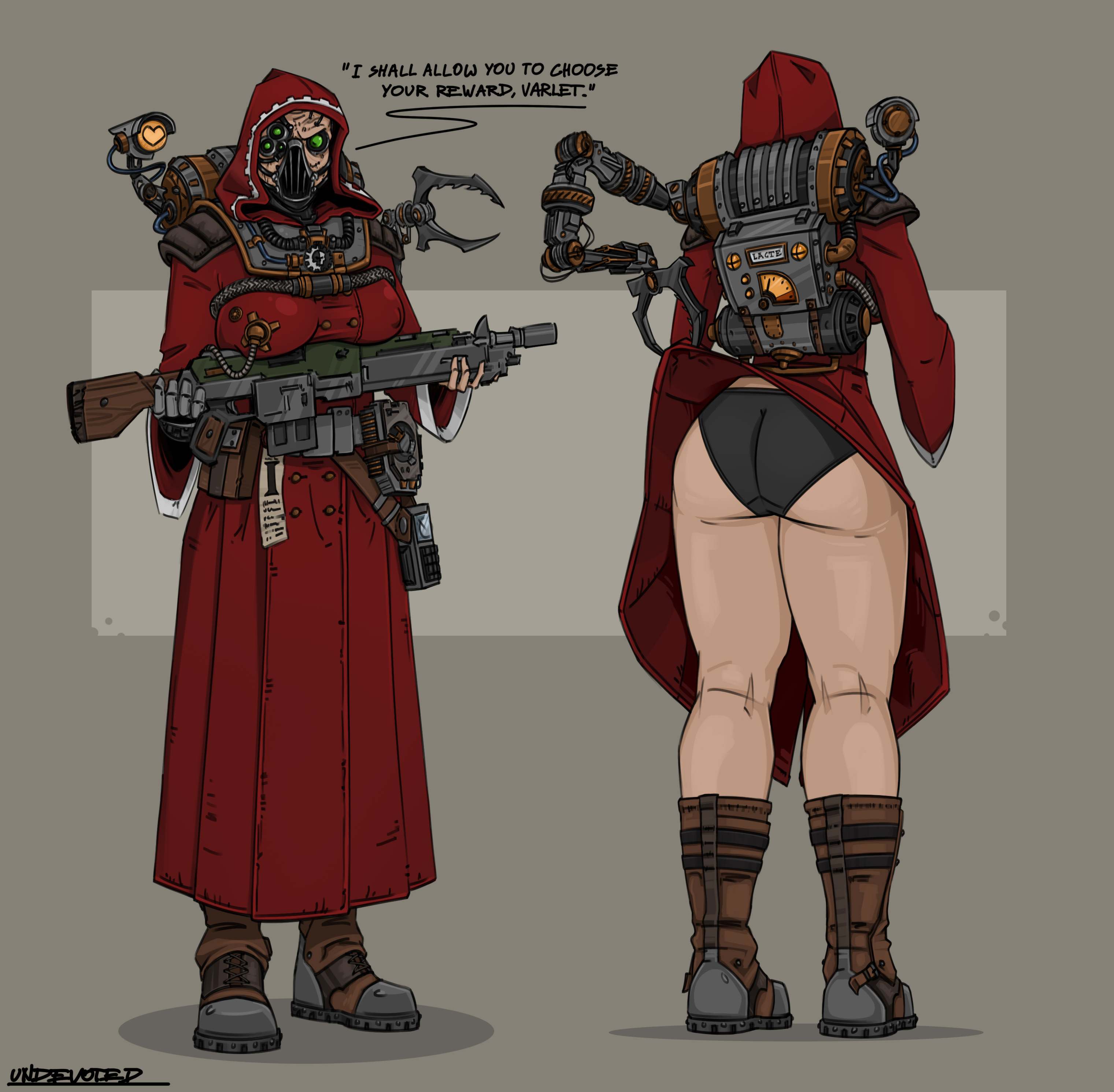 1girls, adeptus mechanicus, ass, big ass, black panties, boots, breasts, clothed, clothing, darktide, female, female only, firearm, gun, hadron-omega-7-7, human, imperium of man, lasgun, legs, light skin, looking at viewer, pale skin, panties, rifle, simple background, techpriest, text, thick thighs, thighs, underwear, undevoted, warhammer (franchise), warhammer 40k, weapon
