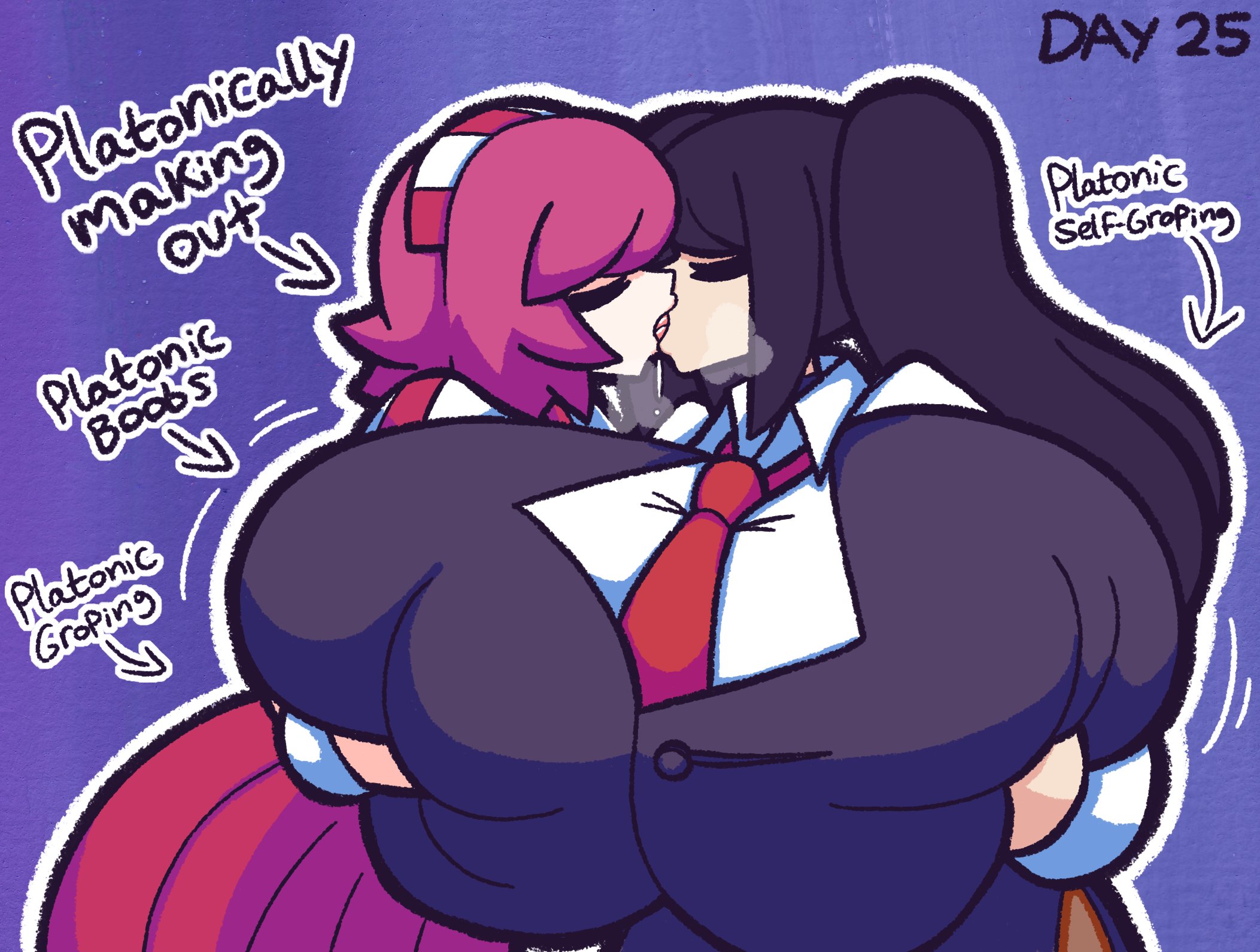 2girls, big breasts, breast grab, breasts, clothes, clothing, dark hair, dorothy haze, female, female only, gensin, huge breasts, julianne stingray, kissing, light skin, light-skinned female, platonic, red hair, simple background, tagme, thick thighs, va-11 hall-a, voluptuous, yuri