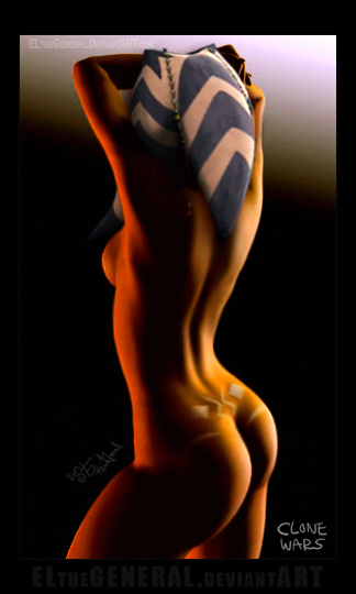 1girls ahsoka_tano alien alien_girl arms_over_head arms_up ass back_view breasts clone_wars elthegeneral female female_only nude orange_skin presenting showing_off sideboob simple_background standing star_wars tattoo text togruta tramp_stamp watermark