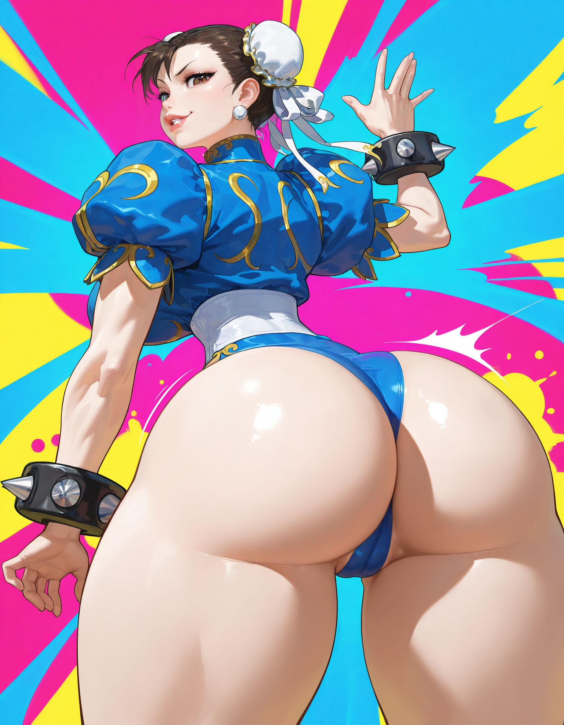 ai generated, ass, ass focus, big ass, big butt, chun-li, female, female only, from behind, hands on hips, looking back, mature female, milf, mommy, muscular, muscular female, pussy, pussy lips, short hair, street fighter, thick thighs, thighs